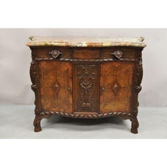 French Louis XV Baroque Style Carved Burl Walnut Rouge Marble Top Commode Server
