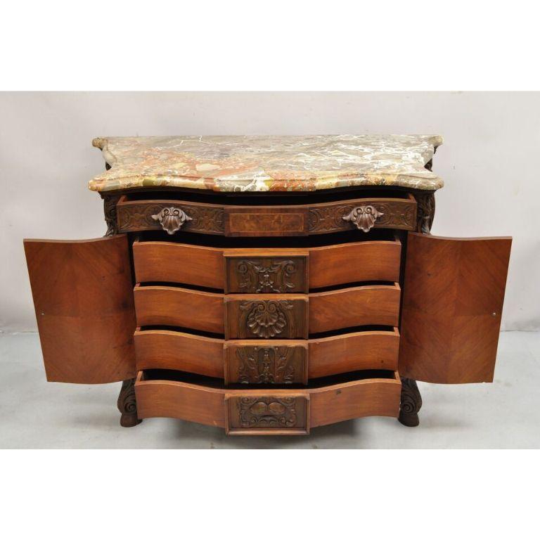 French Louis XV Baroque Style Carved Burl Walnut Rouge Marble Top Commode Server In Good Condition For Sale In Philadelphia, PA