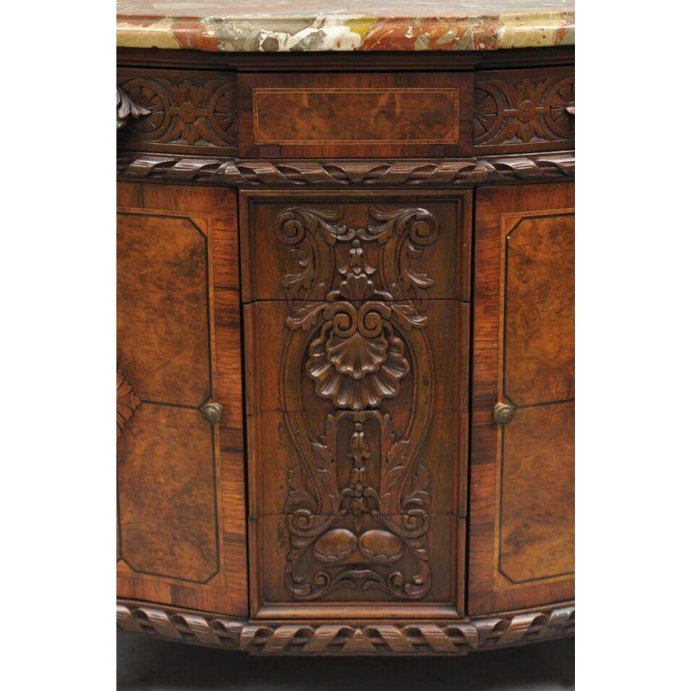 20th Century French Louis XV Baroque Style Carved Burl Walnut Rouge Marble Top Commode Server For Sale