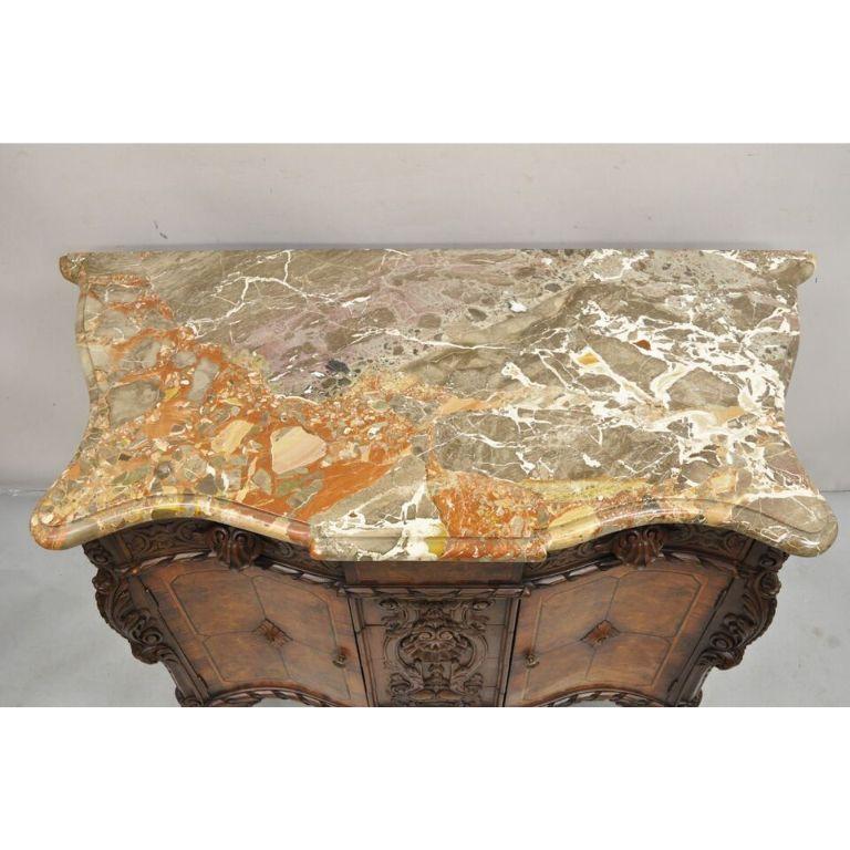 French Louis XV Baroque Style Carved Burl Walnut Rouge Marble Top Commode Server For Sale 1