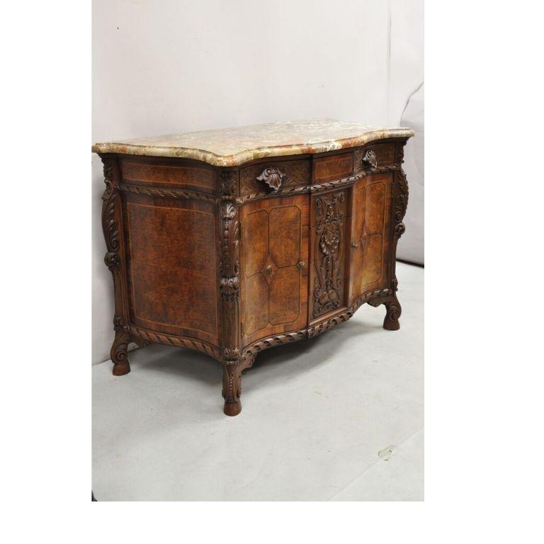 French Louis XV Baroque Style Carved Burl Walnut Rouge Marble Top Commode Server For Sale 2