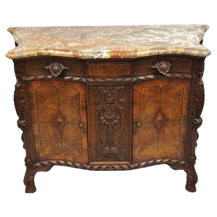 French Louis XV Baroque Style Carved Burl Walnut Rouge Marble Top Commode Server For Sale