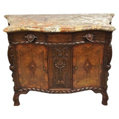 Antique French Louis XV Baroque Style Carved Burl Walnut Rouge Marble Top Commode Server