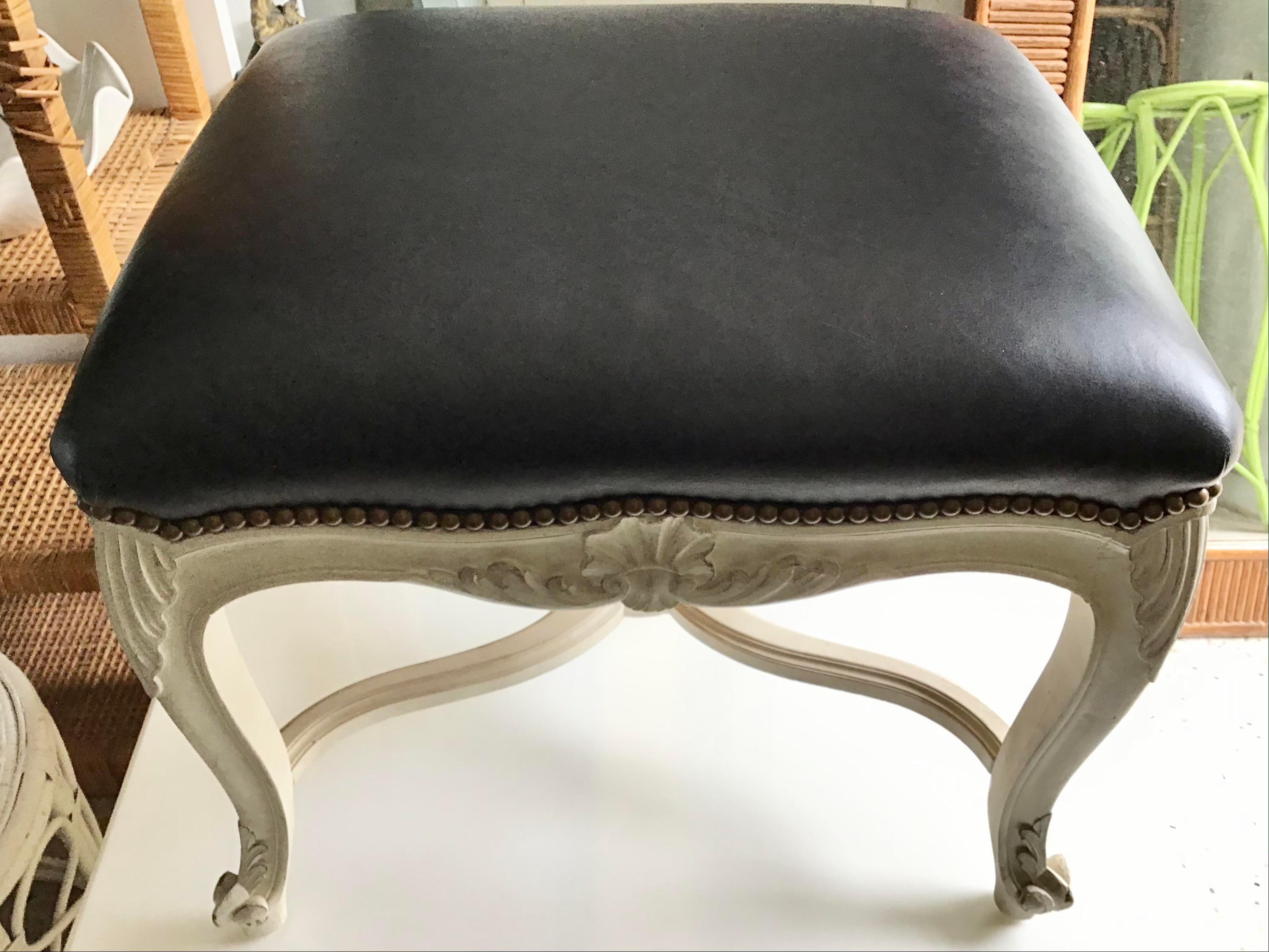 19th Century French Louis XV Bench with Black Leather Upholstery