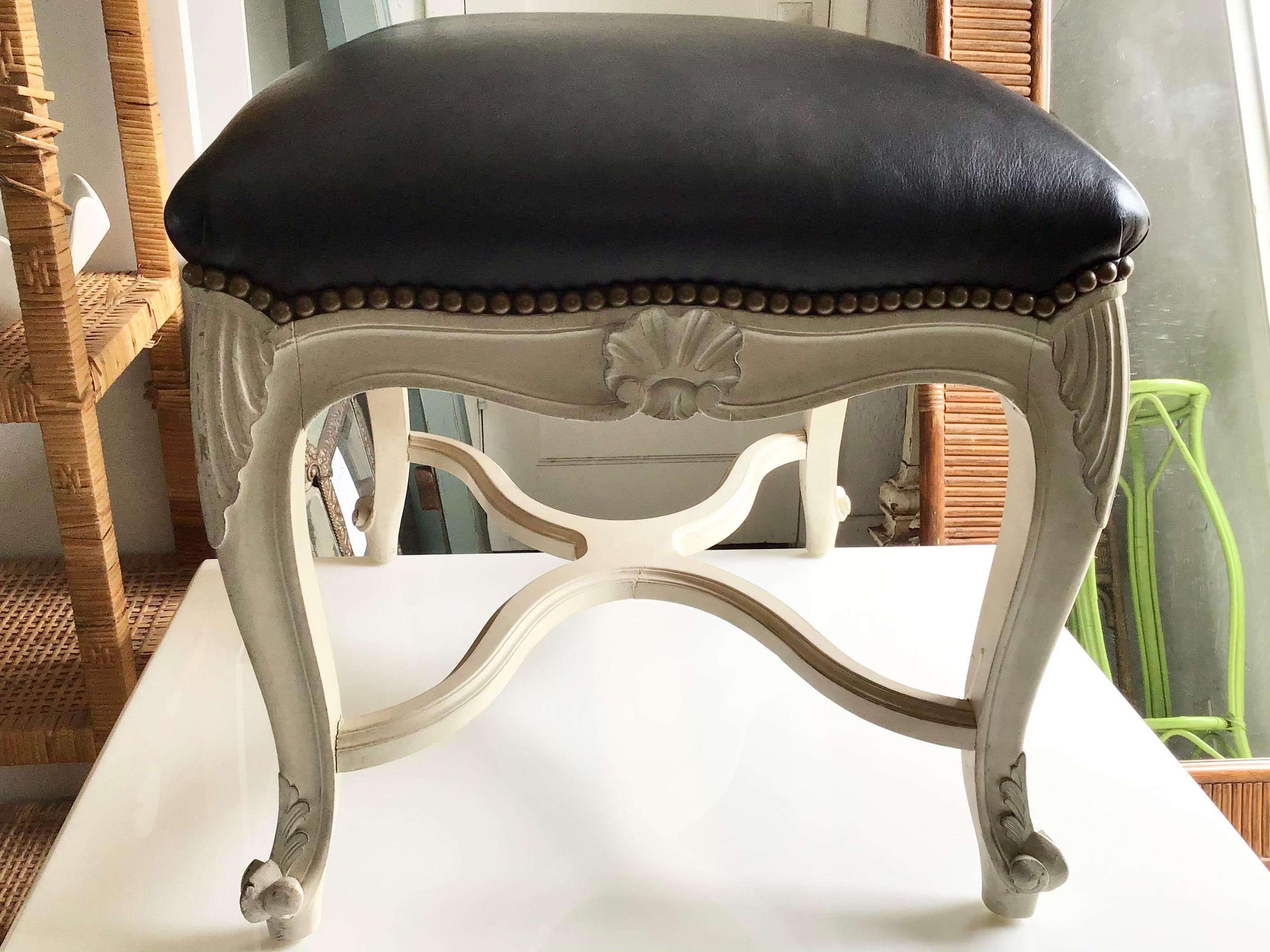 French Louis XV Bench with Black Leather Upholstery 1