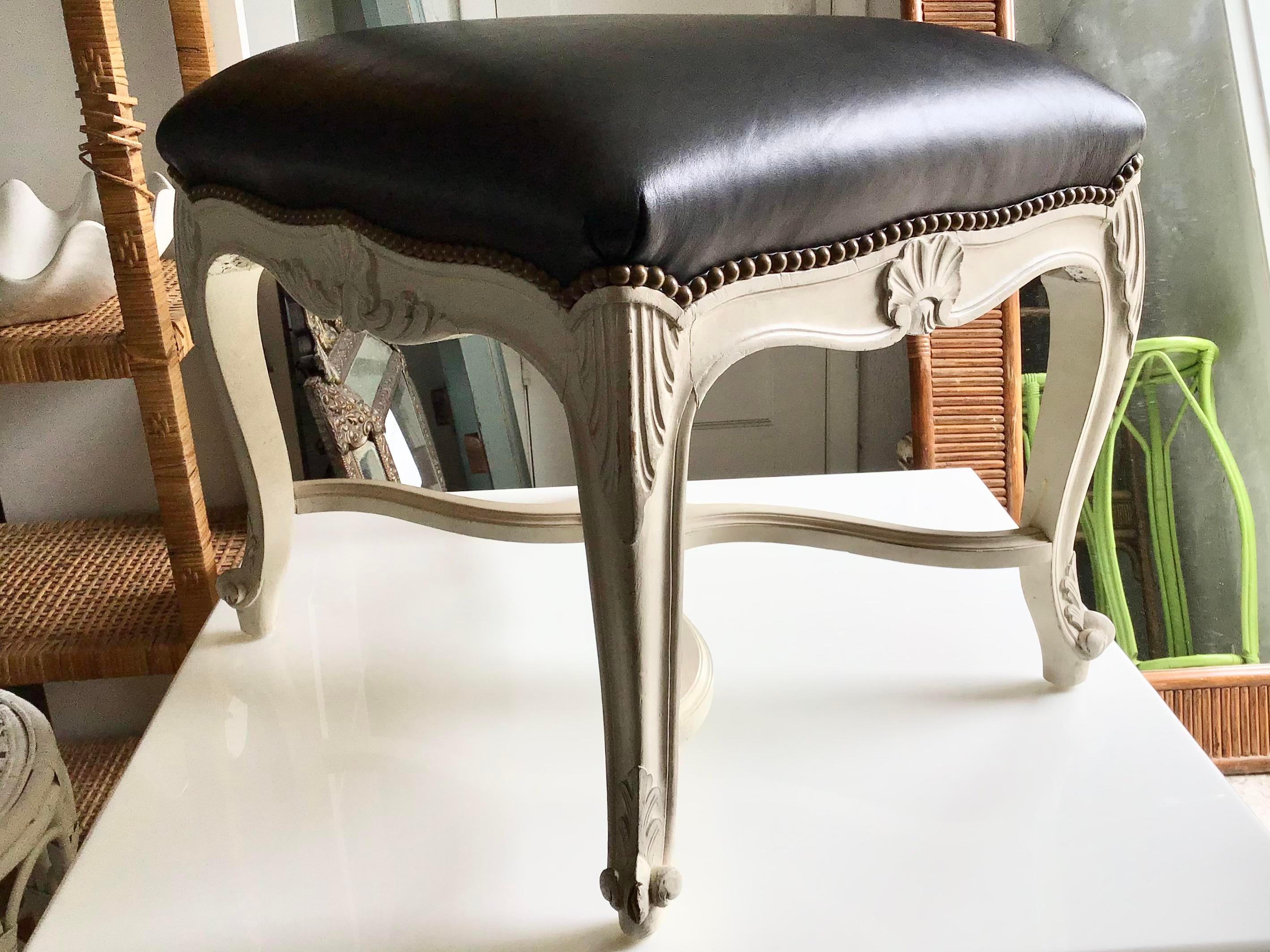 French Louis XV Bench with Black Leather Upholstery 2