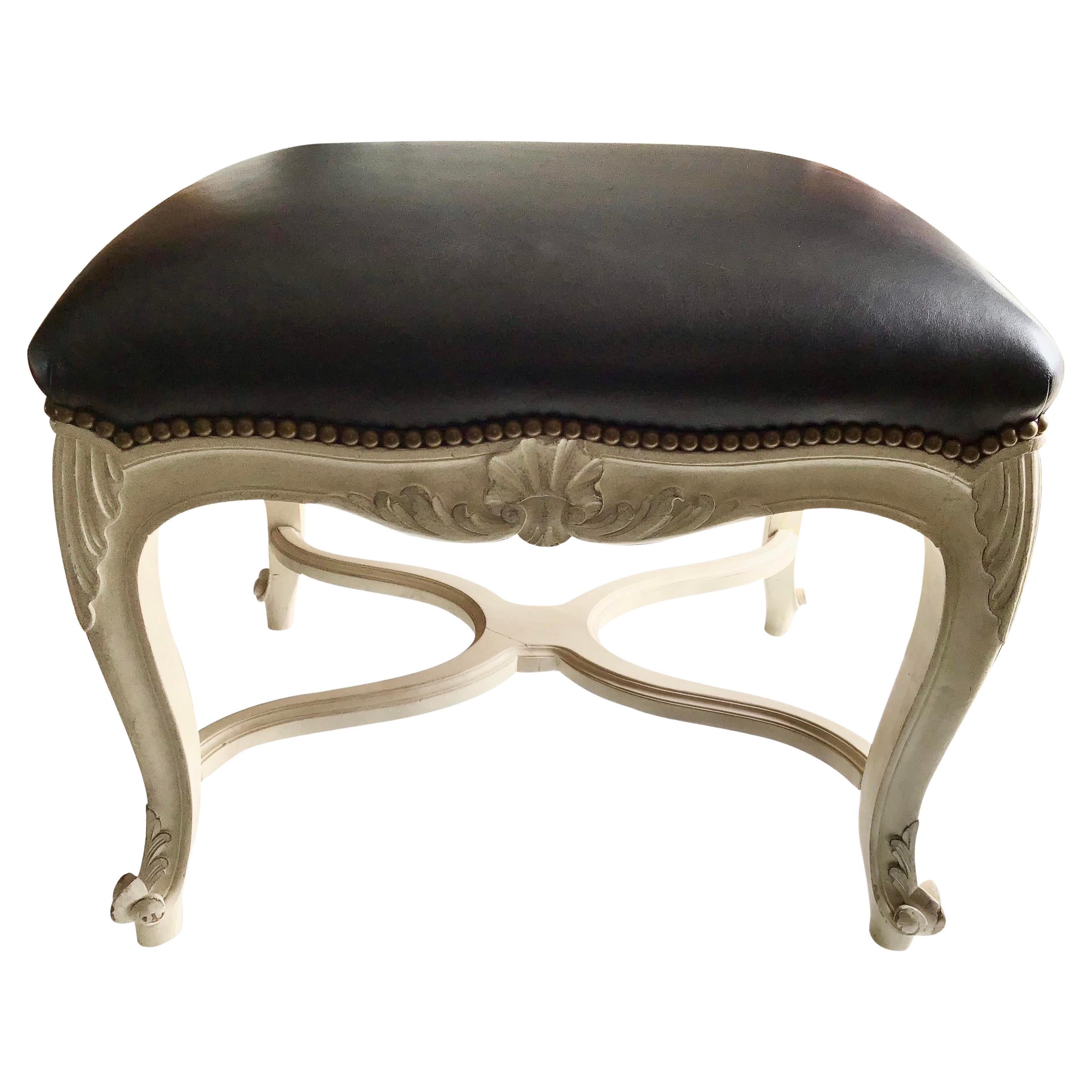 French Louis XV Bench with Black Leather Upholstery