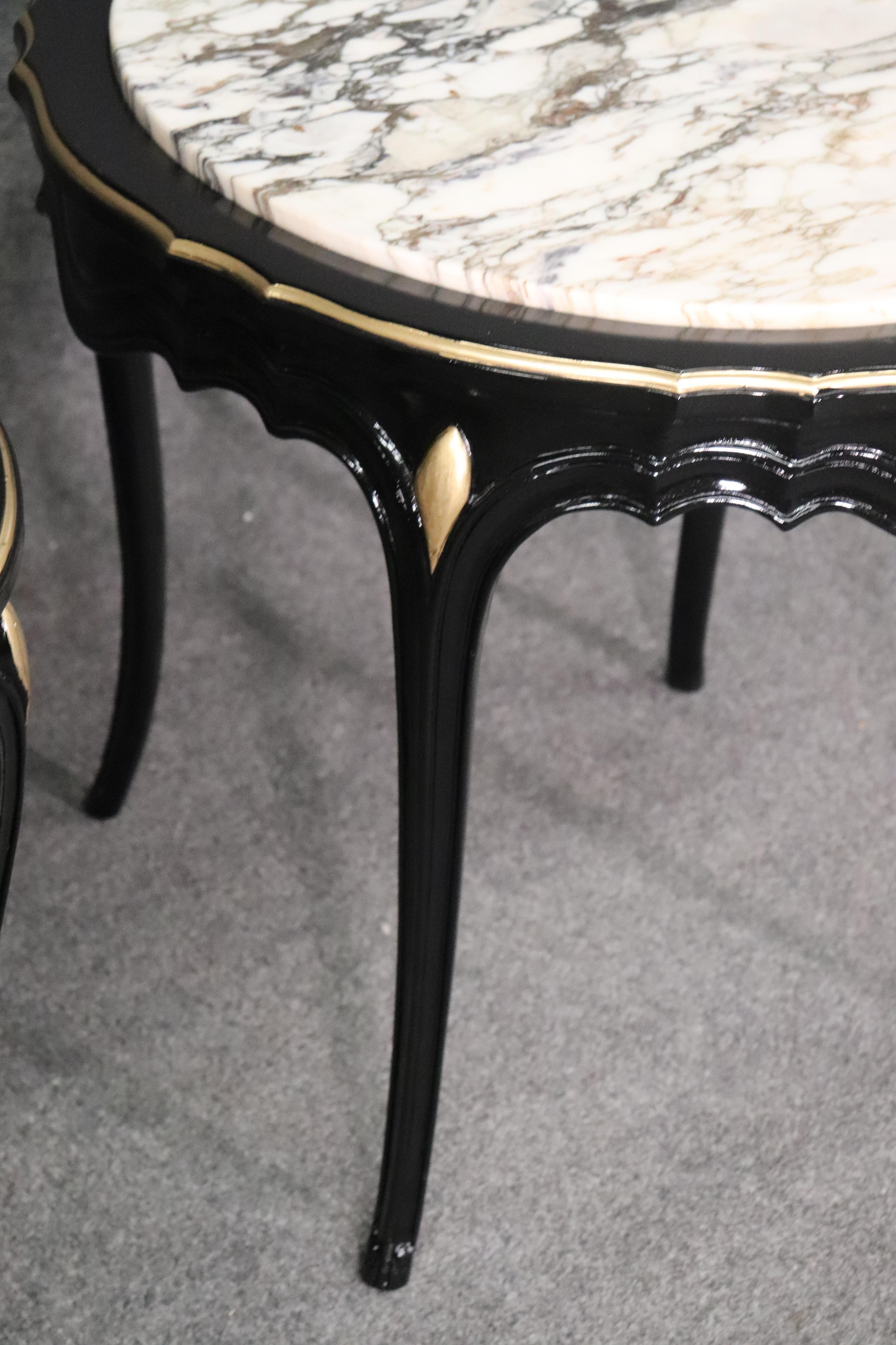 French Louis XV Black Lacquer and Marble-Top Geuridons End Tables, circa 1940s 2