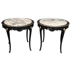French Louis XV Black Lacquer and Marble-Top Geuridons End Tables, circa 1940s