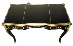 French Louis XV Black Lacquer Bronze Figural Ormolu Bureau Plat Writing Desk