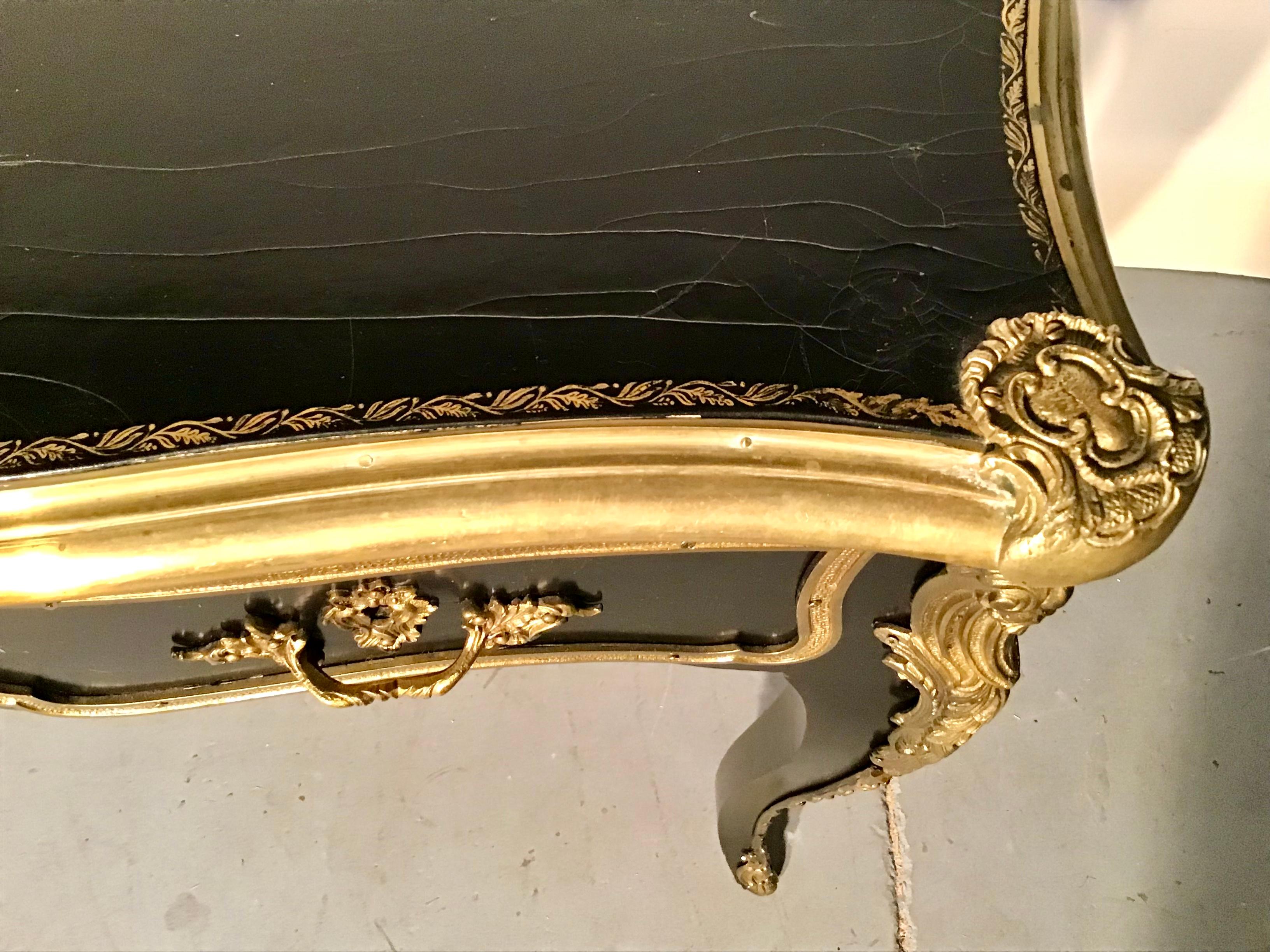 French Louis XV Black Lacquer Bronze Figural Ormolu Bureau Plat Writing Desk 1