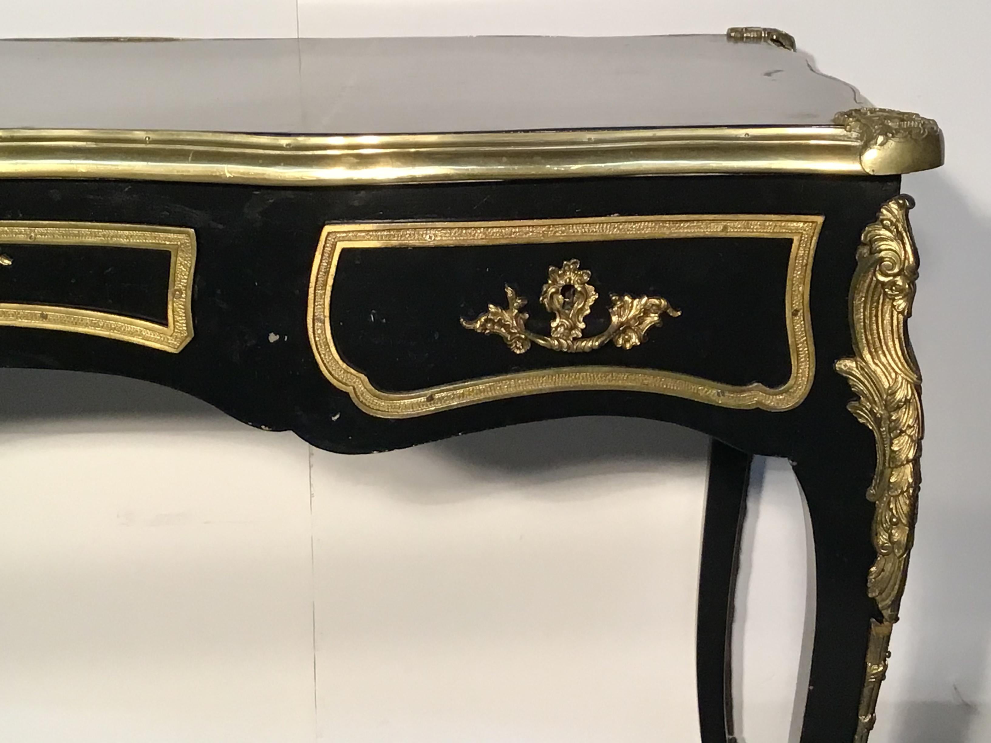 French Louis XV Black Lacquer Bronze Figural Ormolu Bureau Plat Writing Desk 2