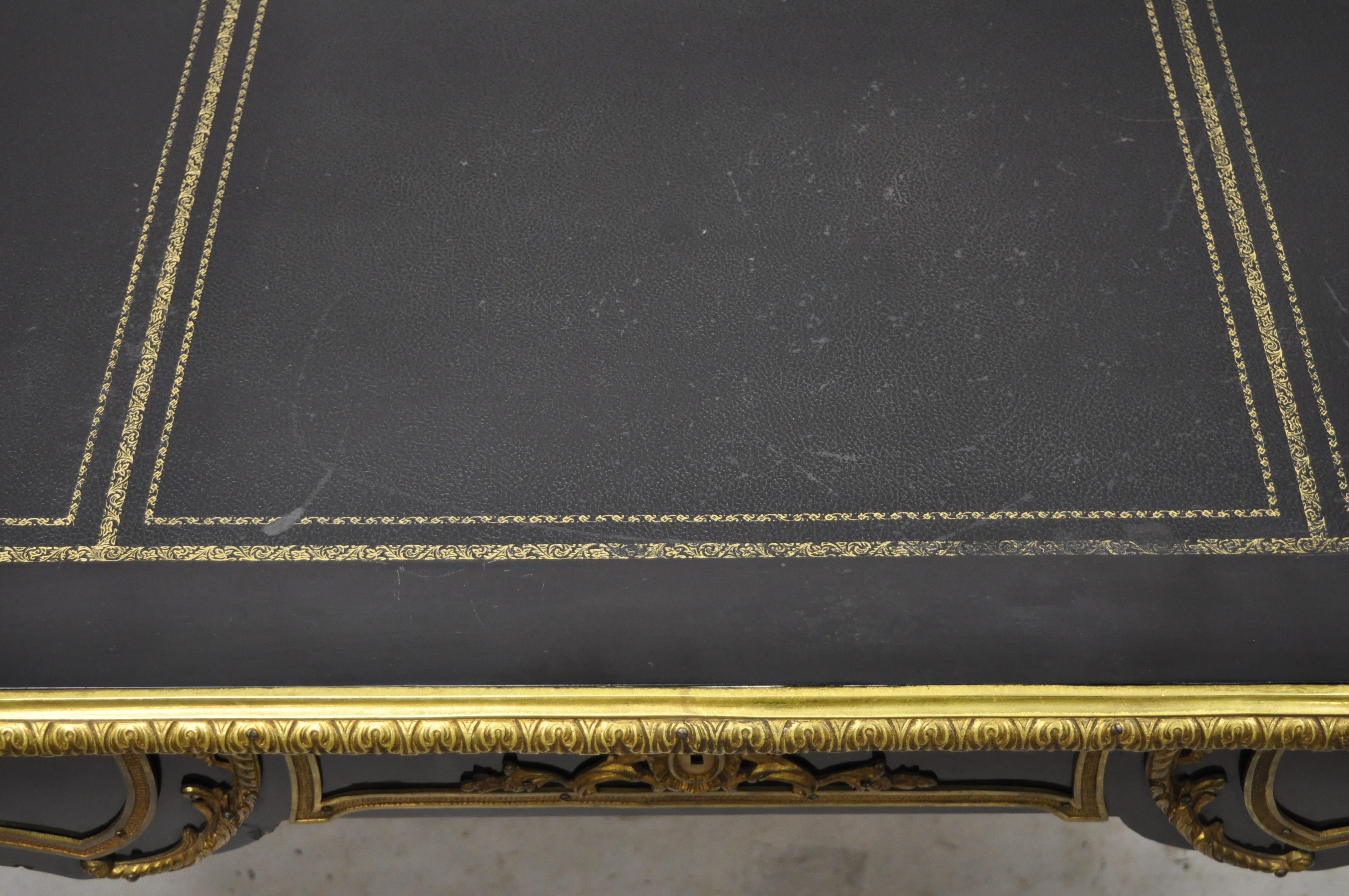 20th Century French Louis XV Black Lacquer Bronze Figural Ormolu Bureau Plat Writing Desk For Sale