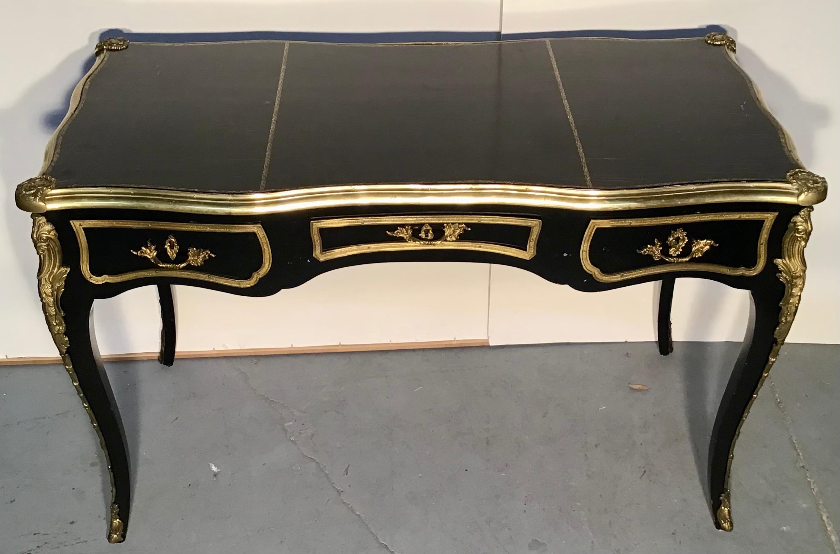 French Louis XV Black Lacquer Bronze Figural Ormolu Bureau Plat Writing Desk 3
