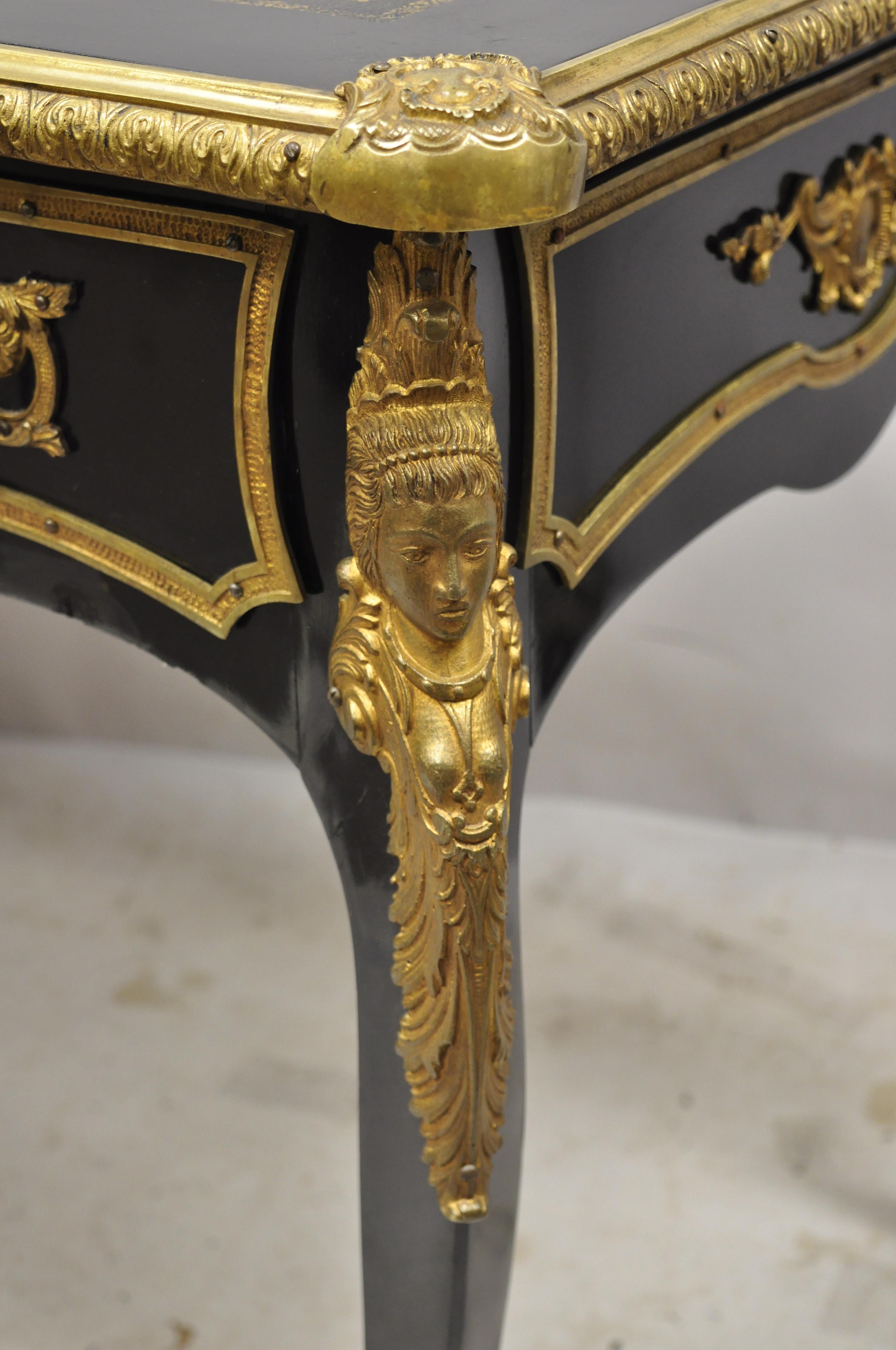 French Louis XV Black Lacquer Bronze Figural Ormolu Bureau Plat Writing Desk For Sale 2