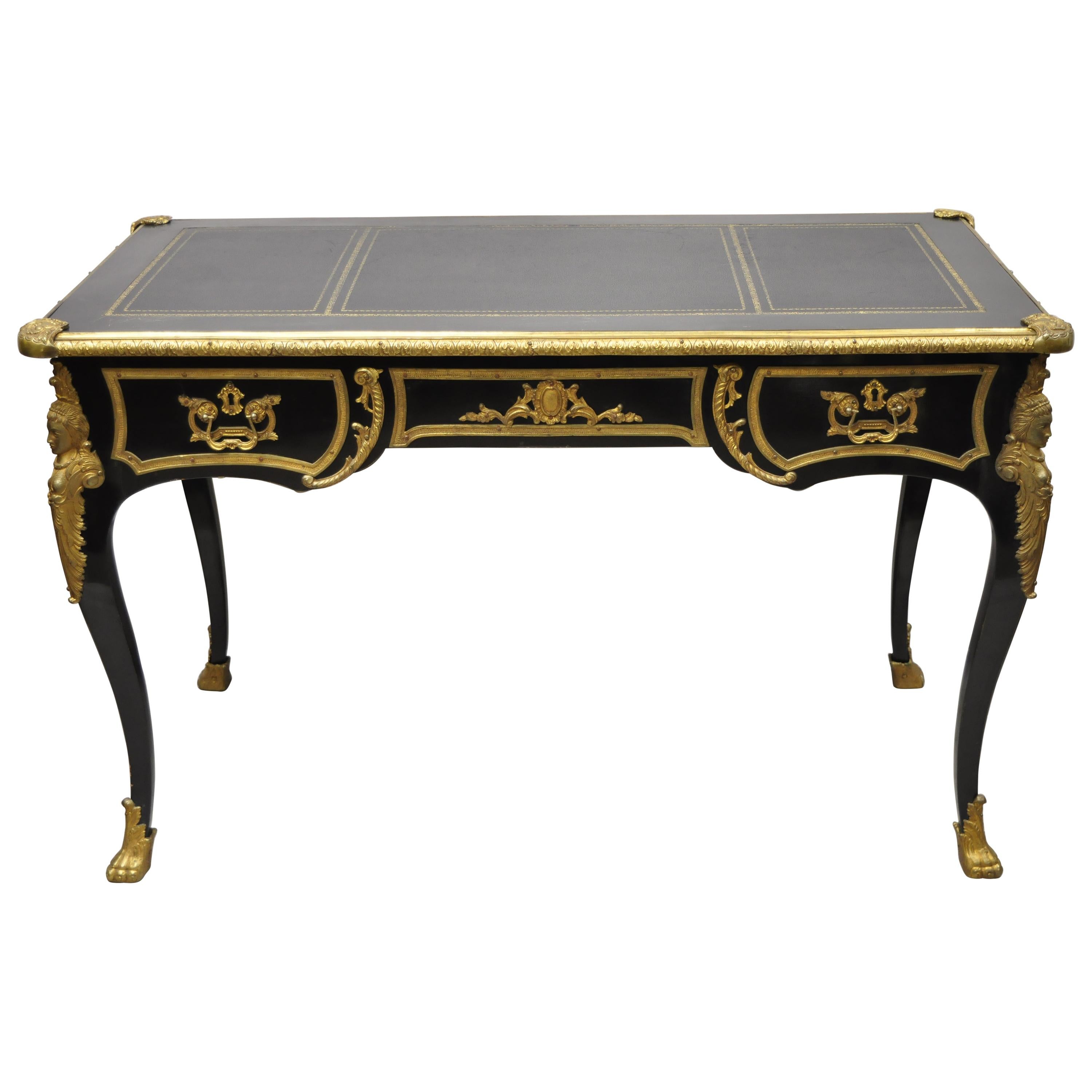 French Louis XV Black Lacquer Bronze Figural Ormolu Bureau Plat Writing Desk For Sale