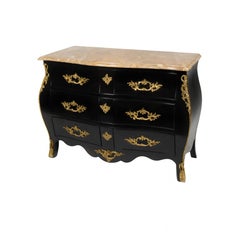 French Louis XV Black Lacquer Marble-Top Bombe Commode Chest, 19th Century