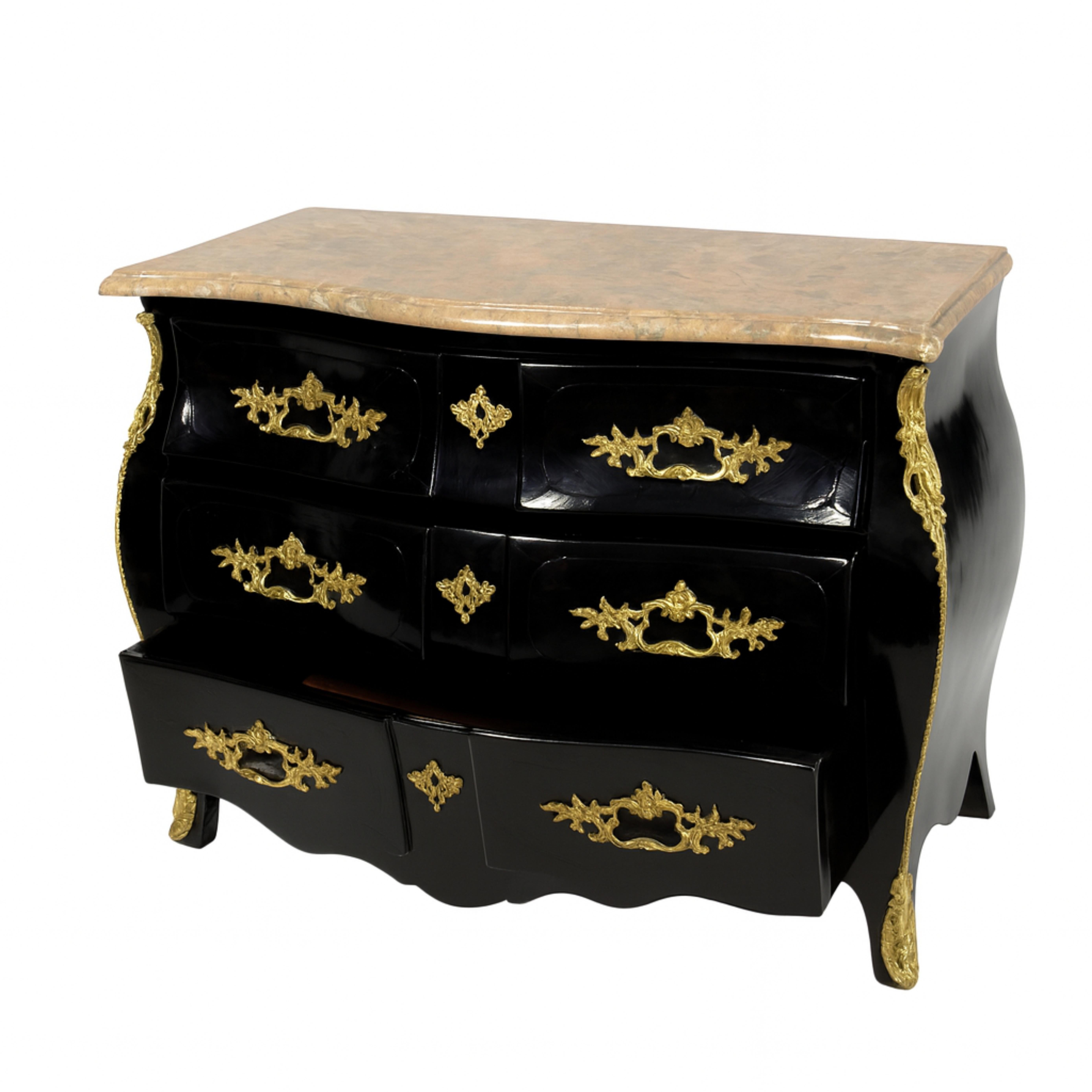 Ottone Comò francese Luigi XV con piano in marmo e lacca nera, XIX secolo in vendita