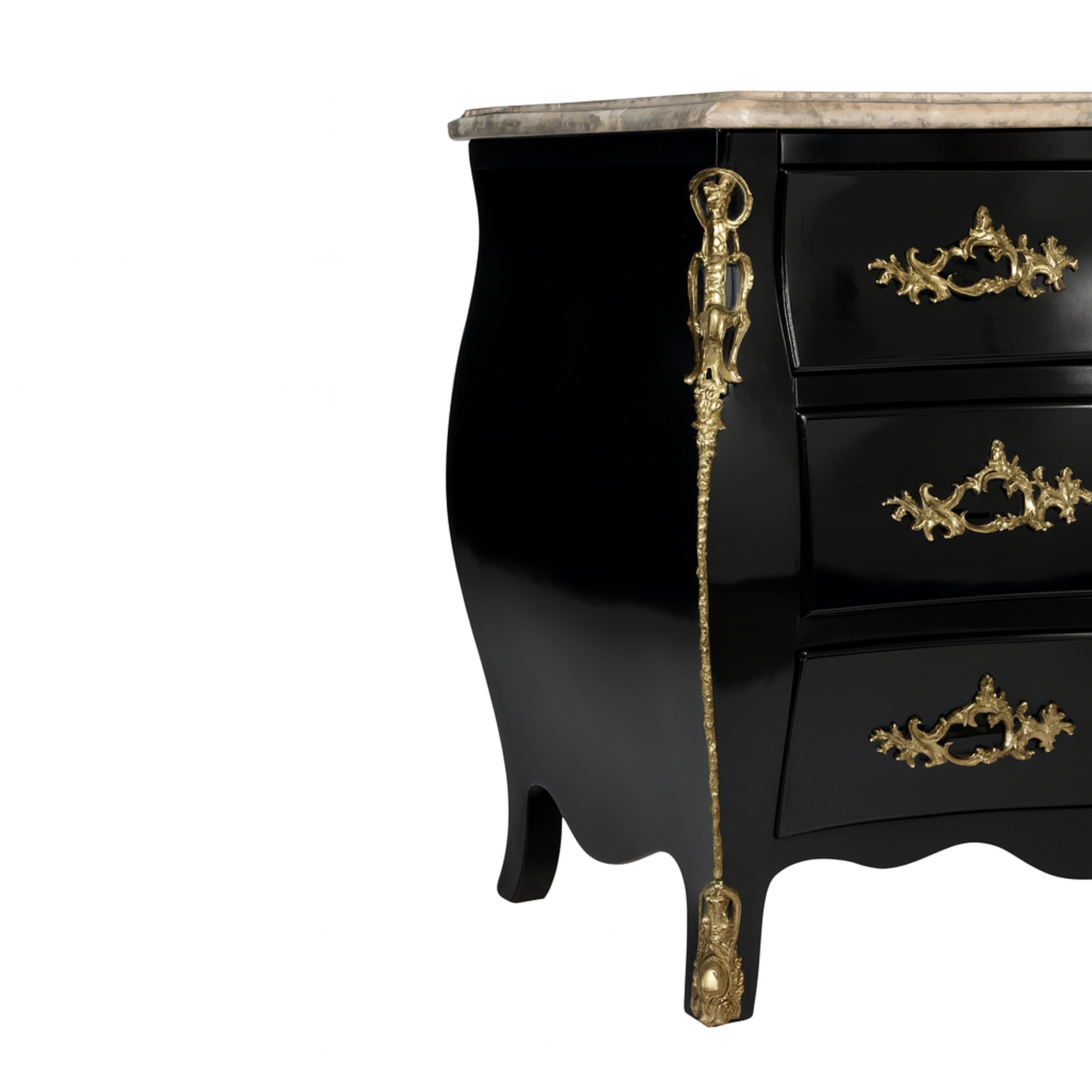 Comò francese Luigi XV con piano in marmo e lacca nera, XIX secolo in vendita 1