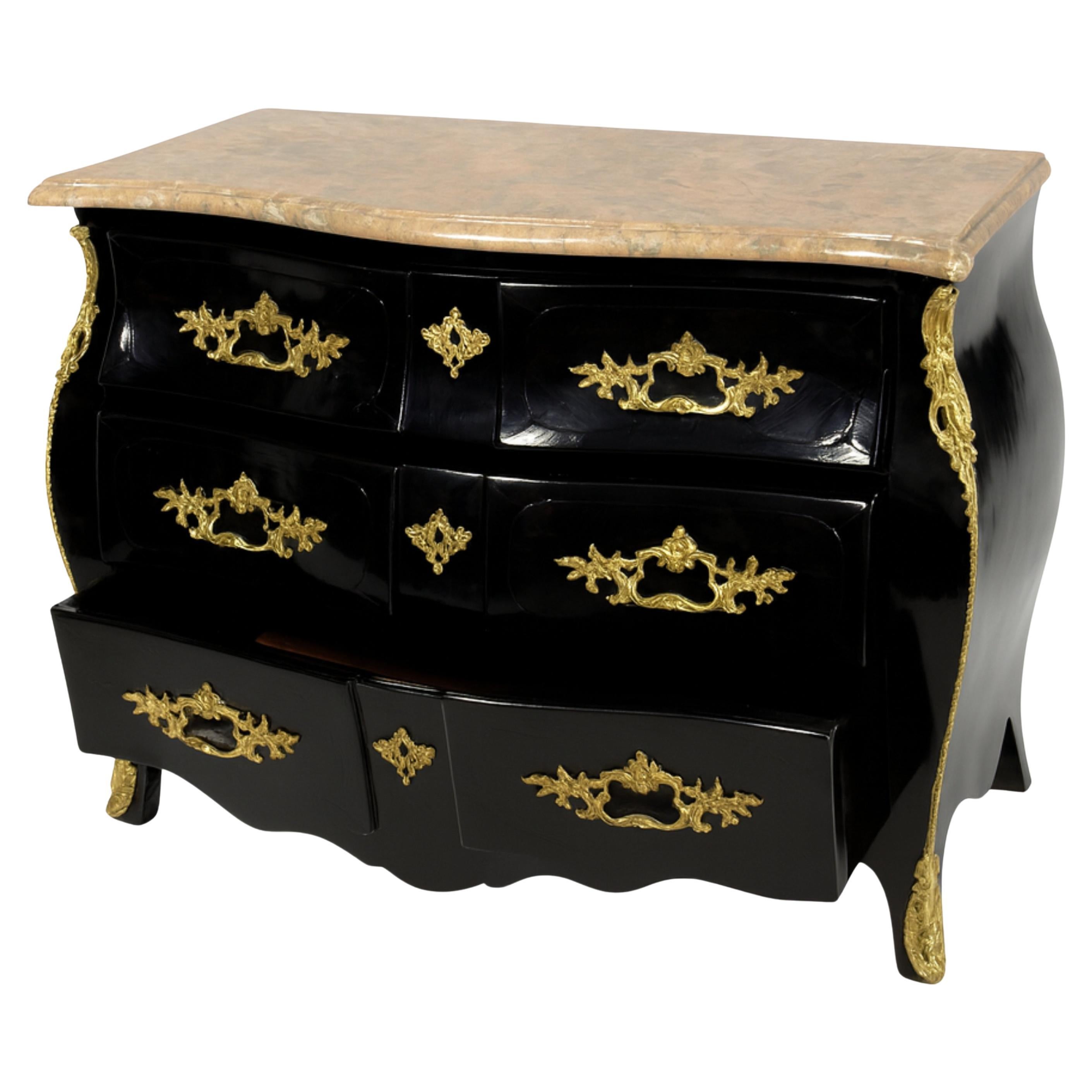 French Louis XV Black Lacquer Marble-Top Bombe Commode Chest, 19th Century