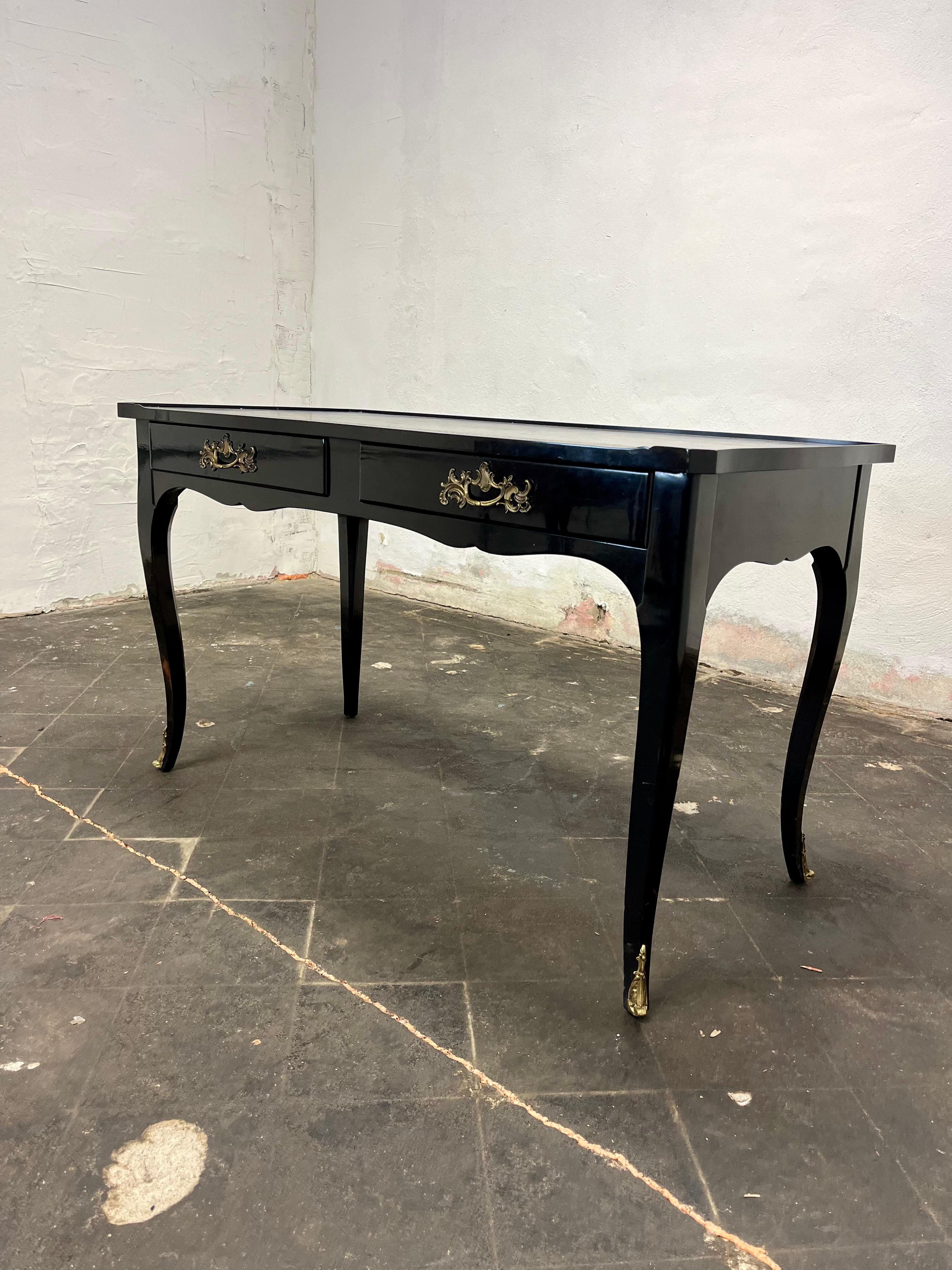 American French Louis XV Black Lacquered Desk with Black Leather Top by Bodart For Sale