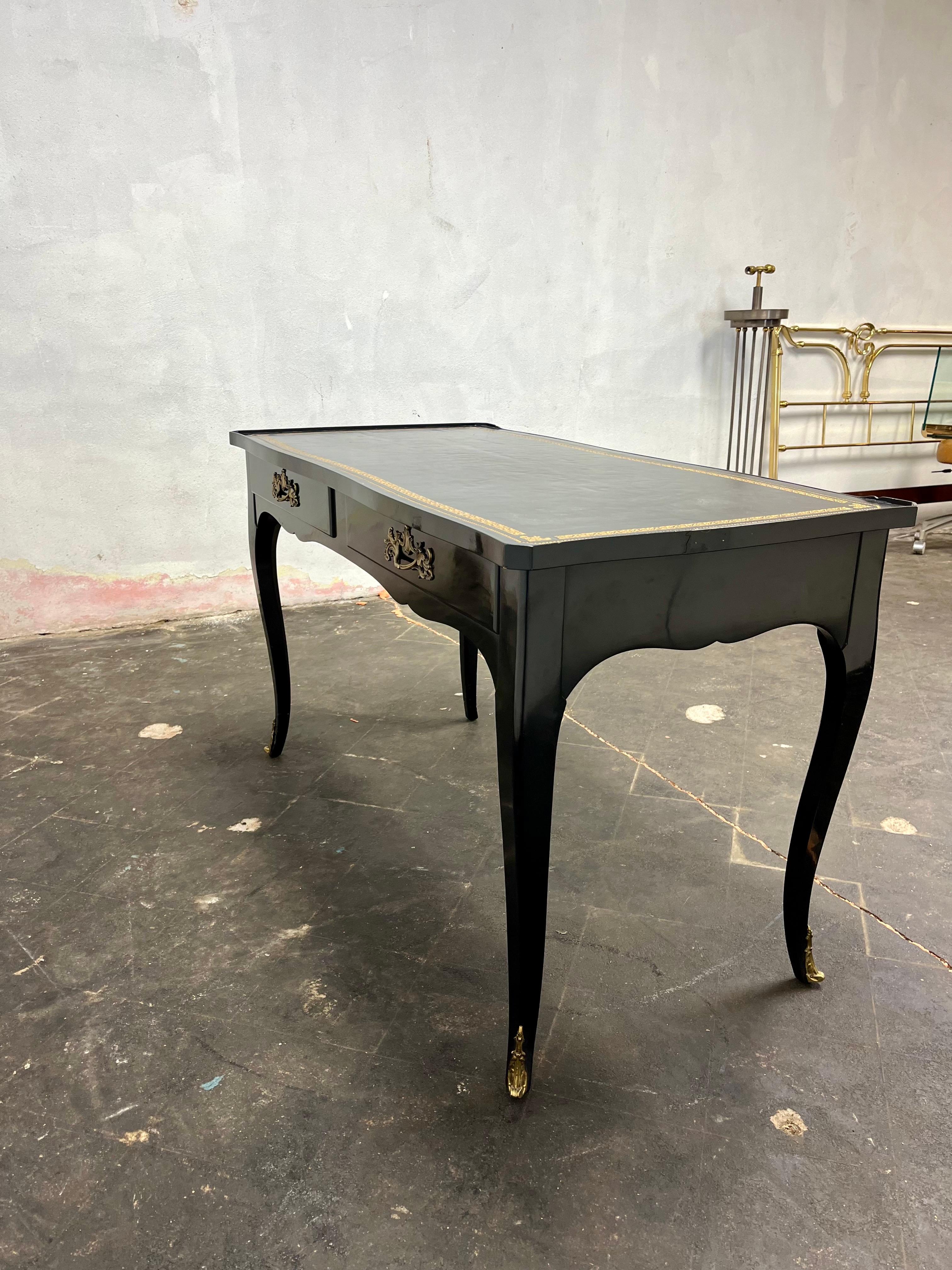 Bronze French Louis XV Black Lacquered Desk with Black Leather Top by Bodart For Sale