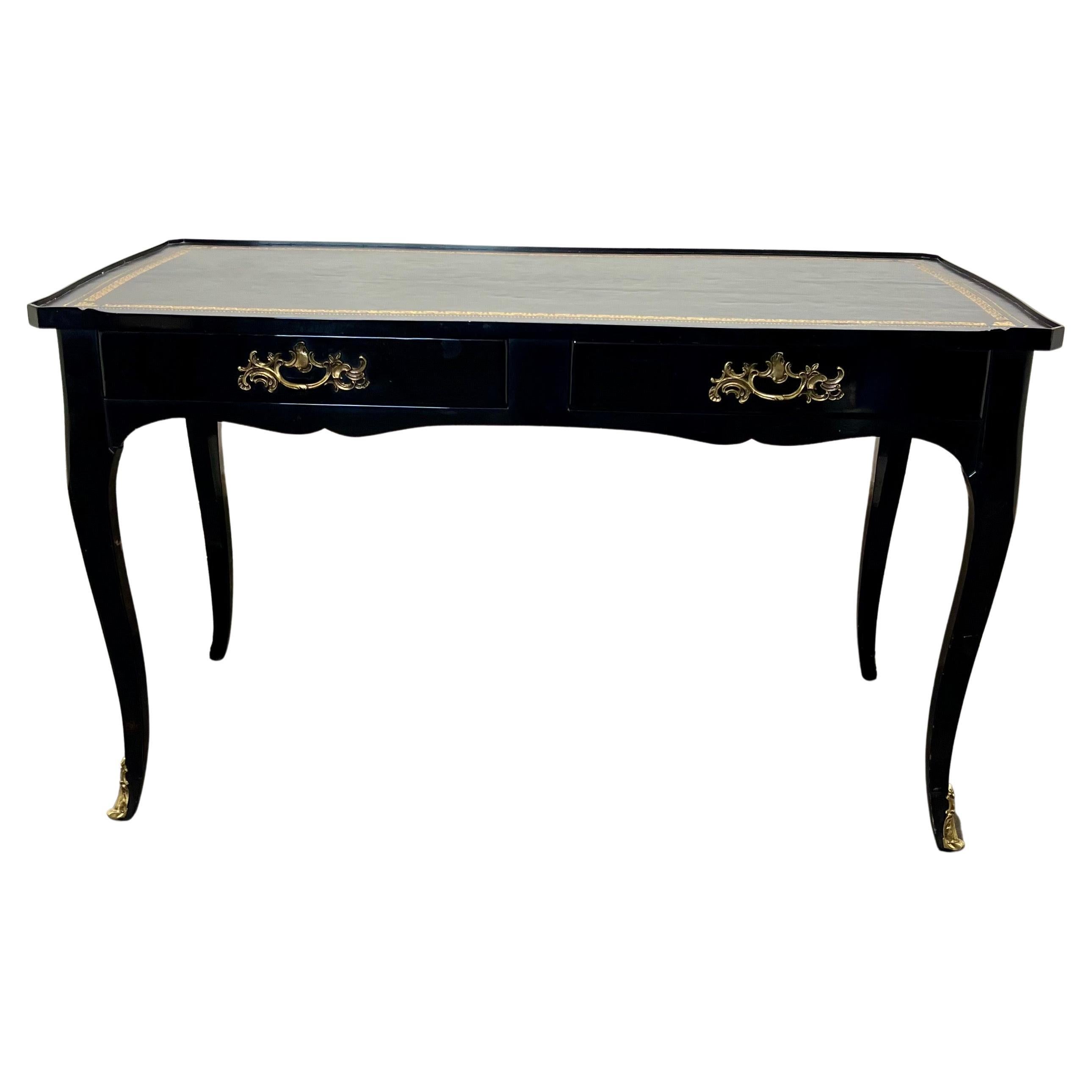 French Louis XV Black Lacquered Desk with Black Leather Top by Bodart