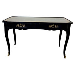 Vintage French Louis XV Black Lacquered Desk with Black Leather Top by Bodart