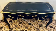 French Louis XV Black Lacquered Leather Top Bureau Plat Desk