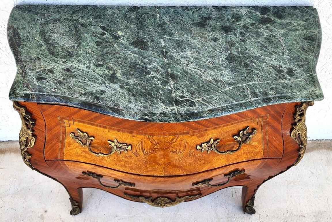 For FULL item description click on CONTINUE READING at the bottom of this page.

Offering One Of Our Recent Palm Beach Estate Fine Furniture Acquisitions Of A
French Louis XV Style Mahogany with Marble Top Commode Bombay Chest with Marquetry and
