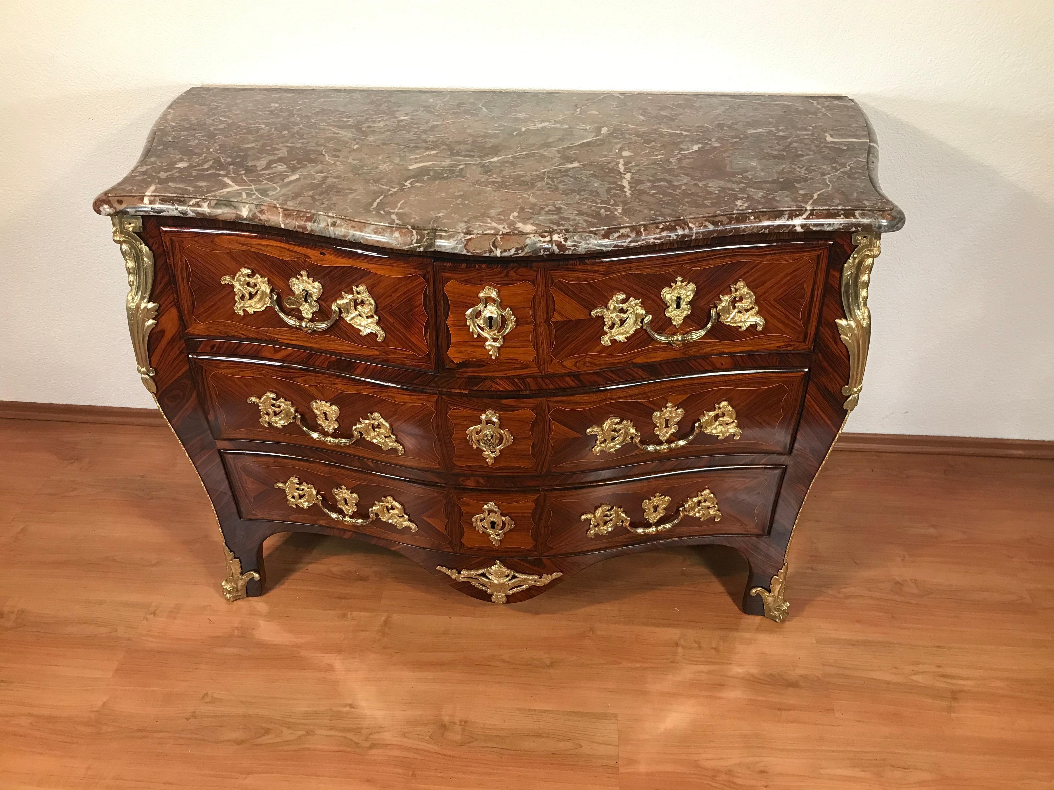 Marble French Louis XV Bombe Chest of Drawers, 1750-60 For Sale