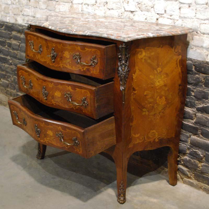 Veneer French Louis XV Bombe Commode in Mahogany with Marble Top For Sale