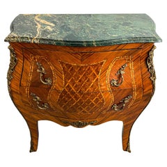 French Louis XV Bombe Marble Top Bronze Mounted Marquetry Chest or Commode  