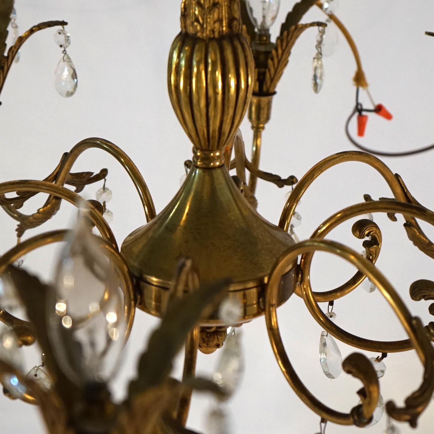 French Louis XV Brass, Bronze & Crystal Foliate Form Chandelier, 20th C For Sale 5