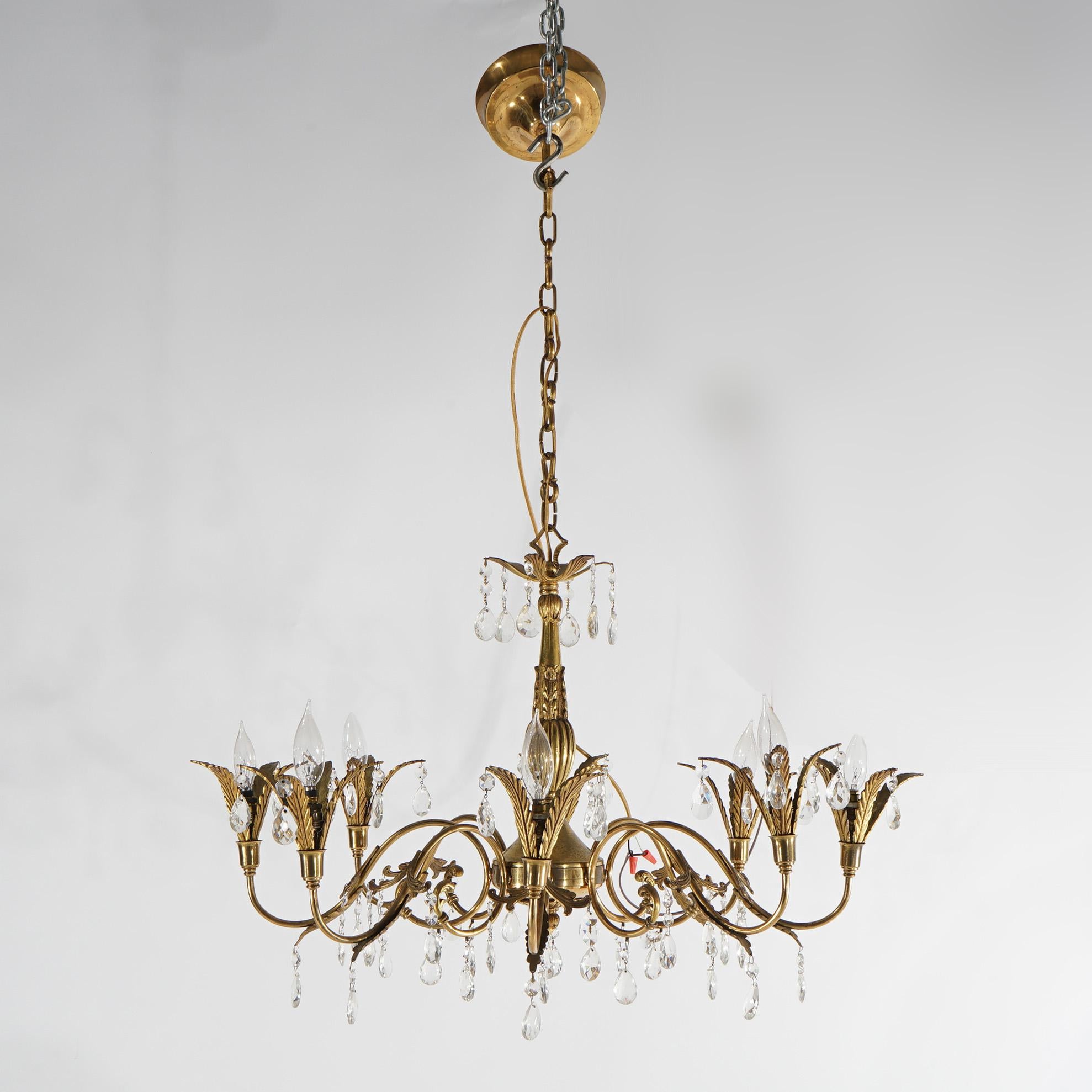 American French Louis XV Brass, Bronze & Crystal Foliate Form Chandelier, 20th C For Sale