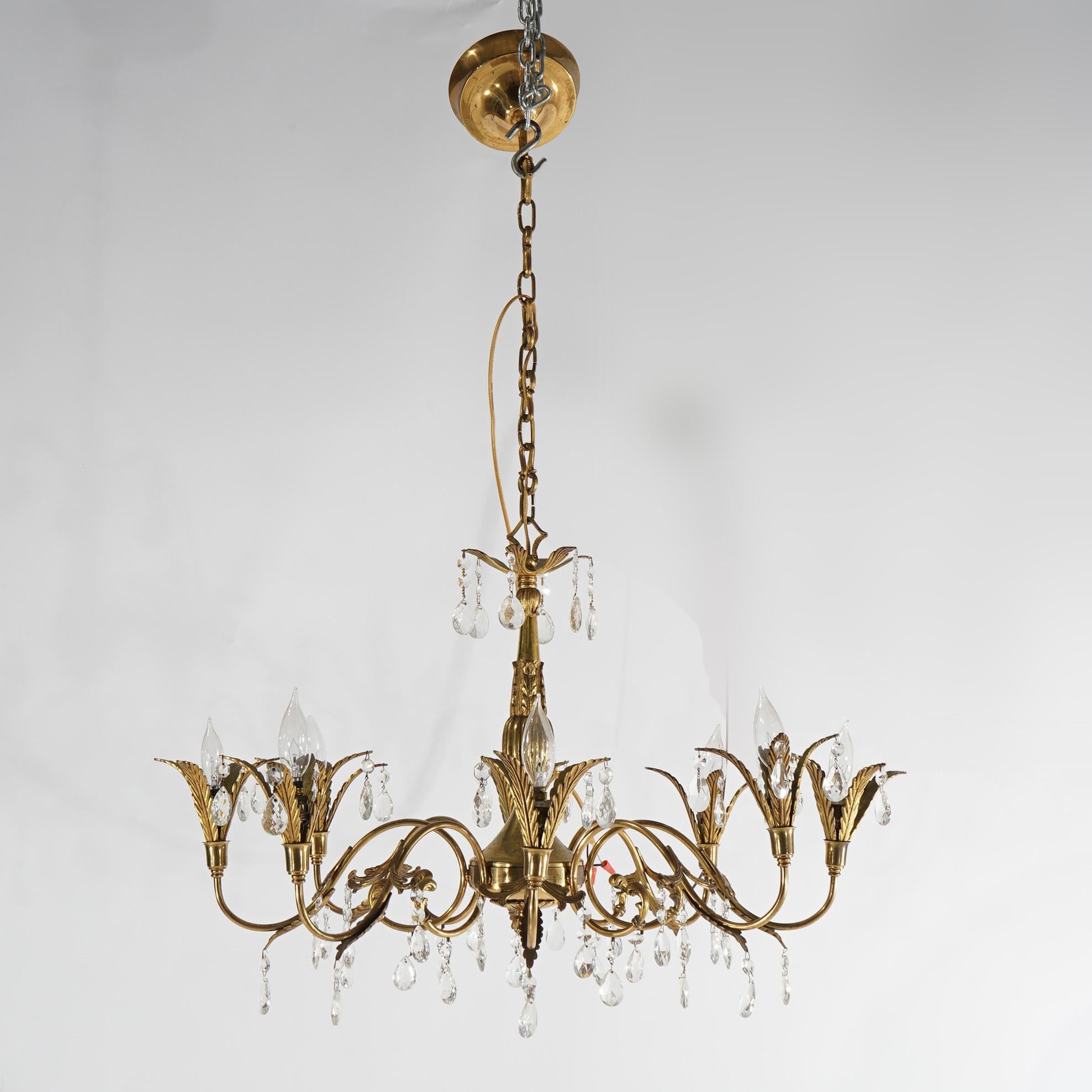 Cast French Louis XV Brass, Bronze & Crystal Foliate Form Chandelier, 20th C For Sale