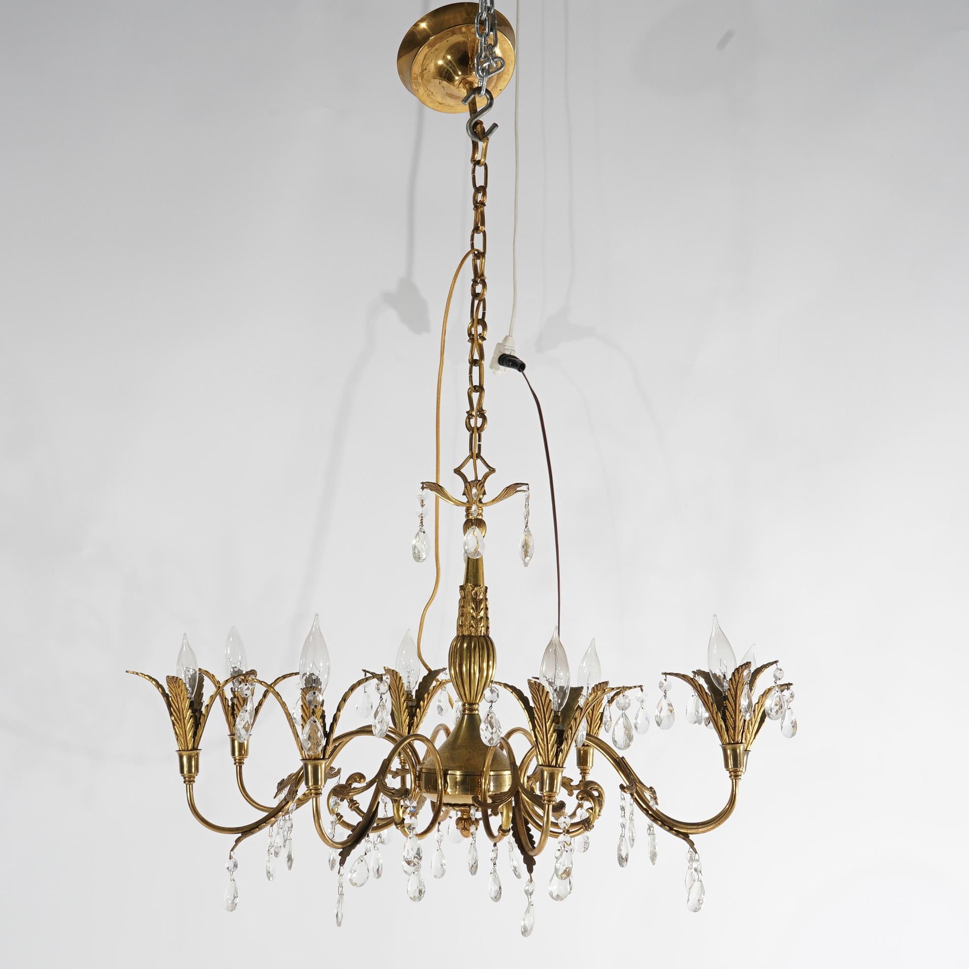 French Louis XV Brass, Bronze & Crystal Foliate Form Chandelier, 20th C In Good Condition For Sale In Big Flats, NY