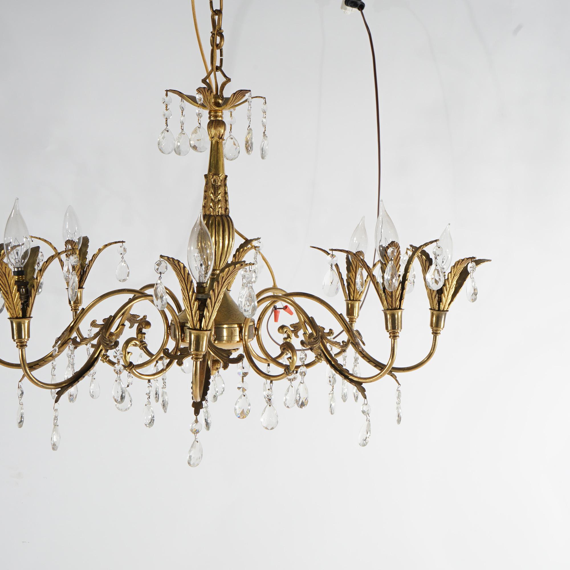 20th Century French Louis XV Brass, Bronze & Crystal Foliate Form Chandelier, 20th C For Sale