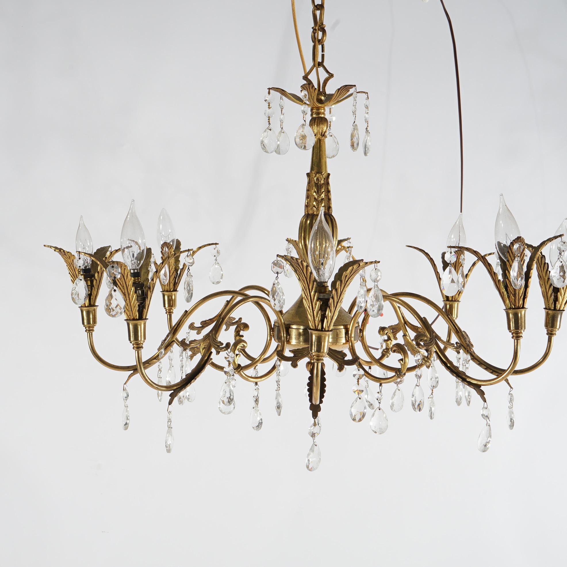 French Louis XV Brass, Bronze & Crystal Foliate Form Chandelier, 20th C For Sale 1