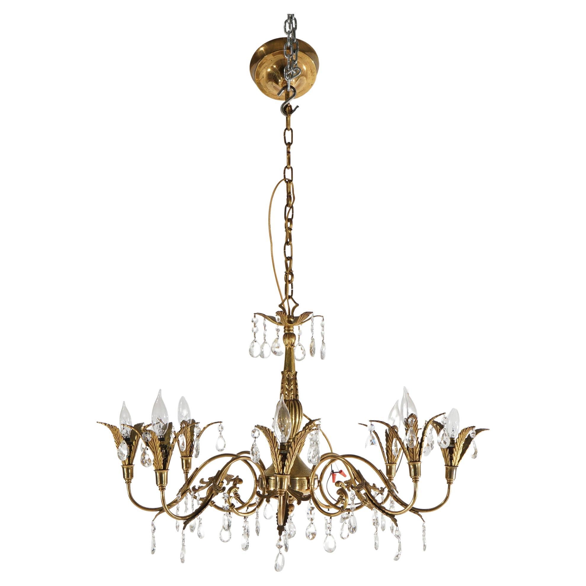 French Louis XV Brass, Bronze & Crystal Foliate Form Chandelier, 20th C For Sale