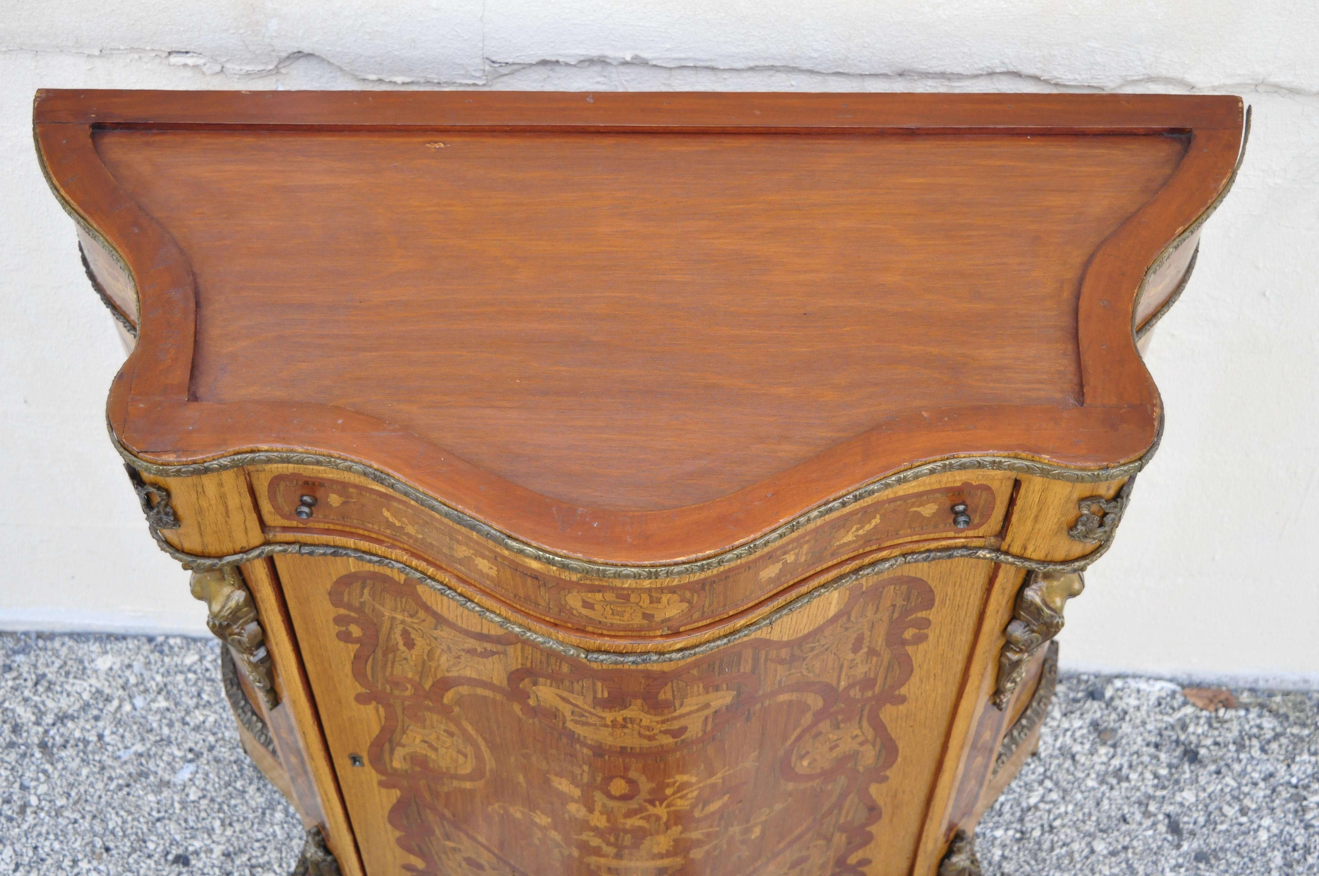 French Louis XV Bronze Ormolu Satinwood Inlay Commode Sideboard Bombe Cabinet 1