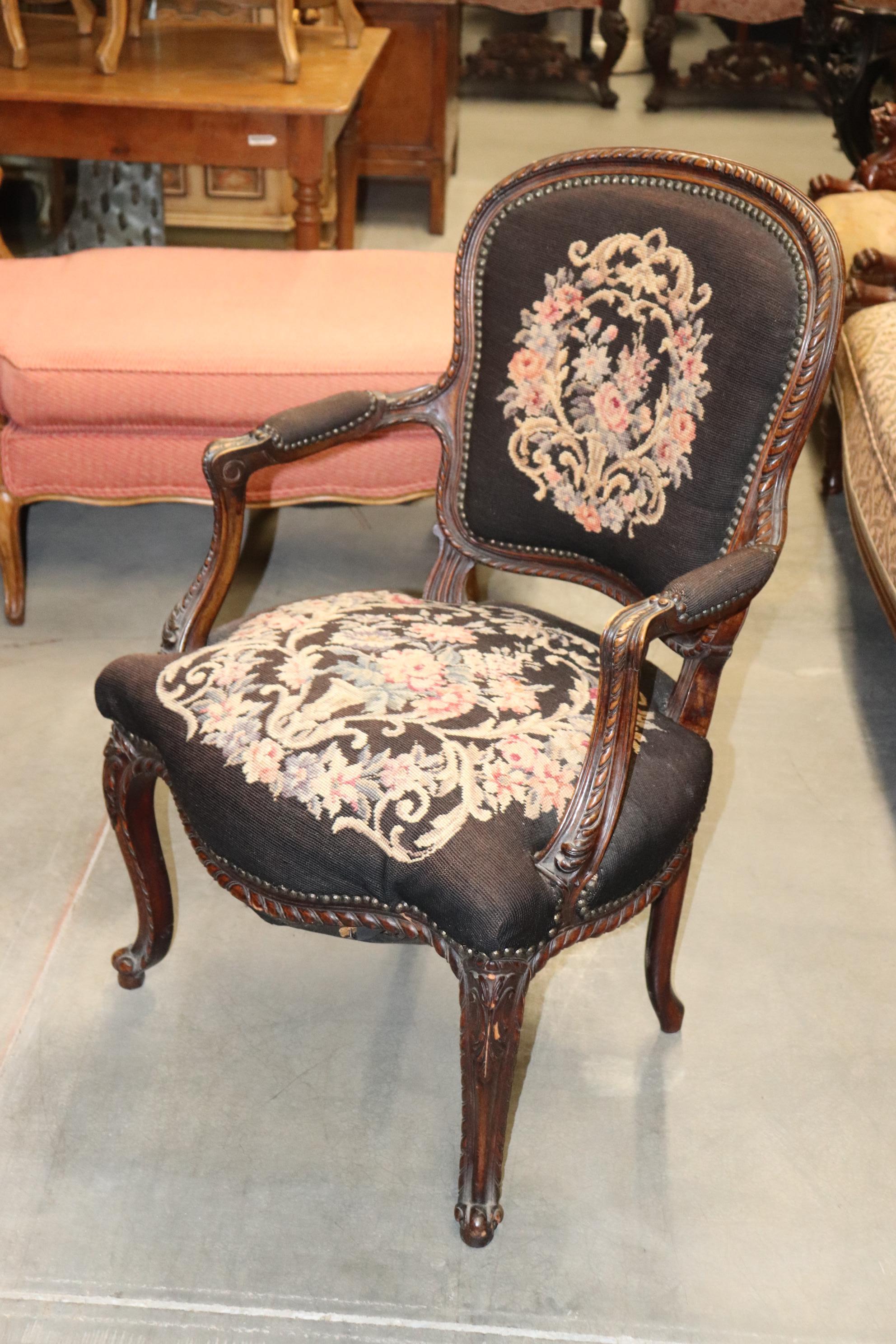 French Louis XV Brown Needlepoint Armchair Circa 1940 In Good Condition For Sale In Swedesboro, NJ