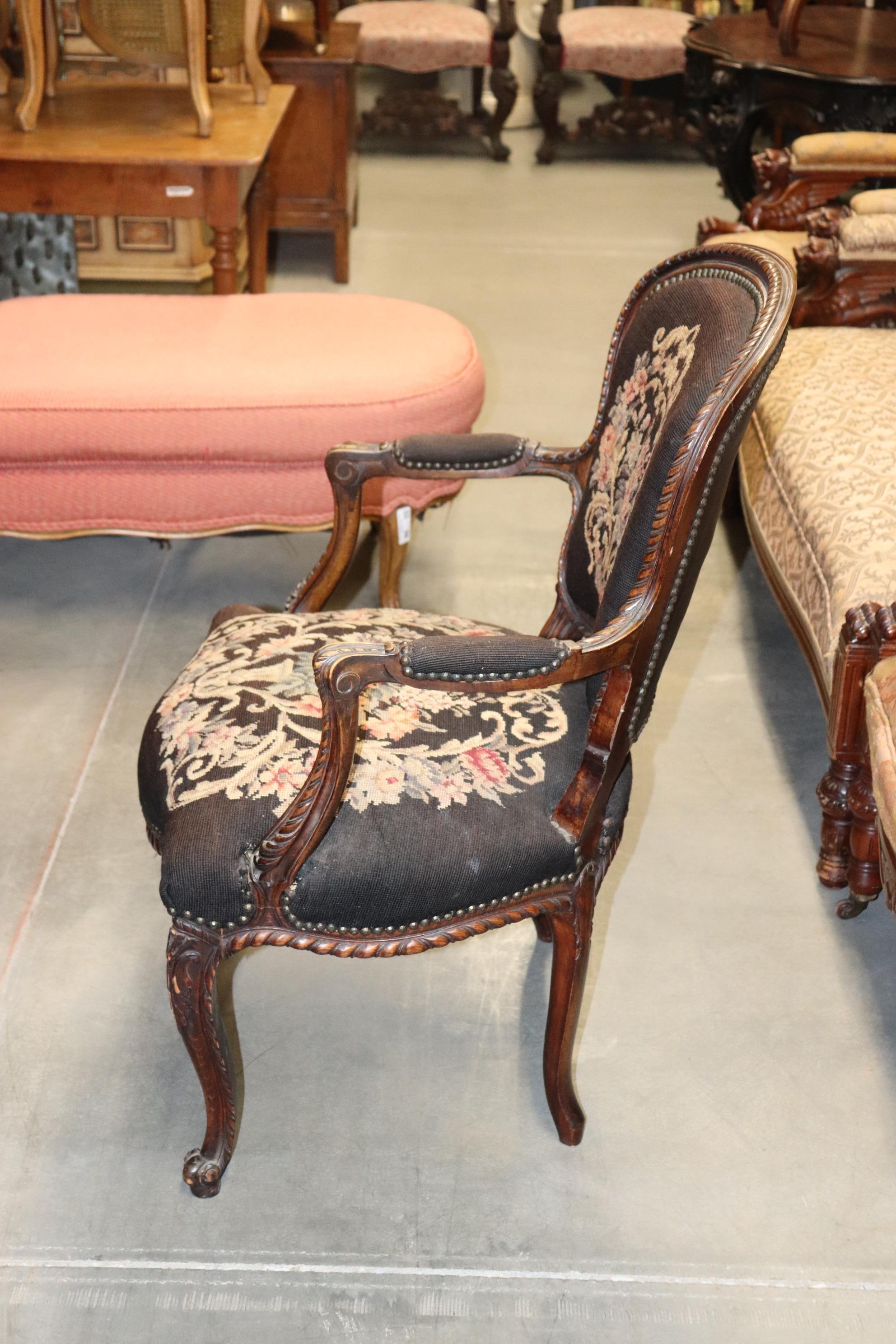 Mid-20th Century French Louis XV Brown Needlepoint Armchair Circa 1940 For Sale