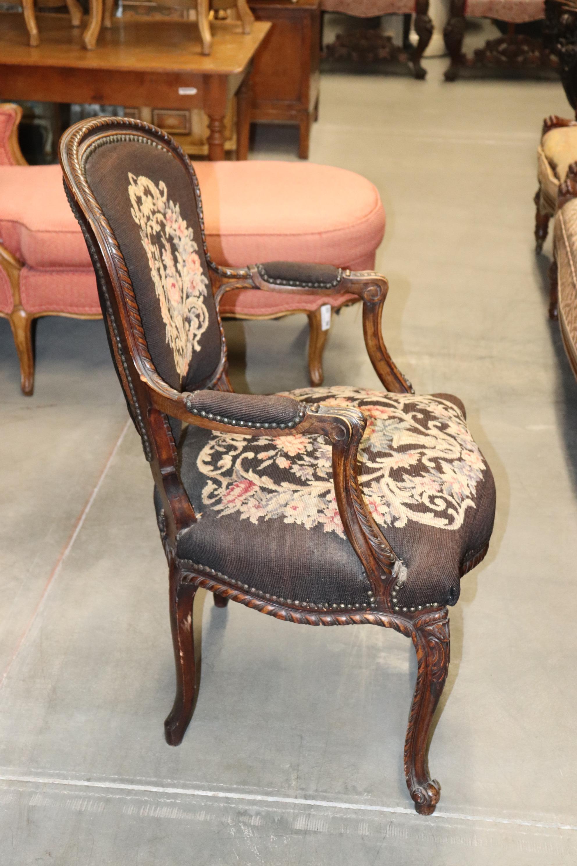 Walnut French Louis XV Brown Needlepoint Armchair Circa 1940 For Sale