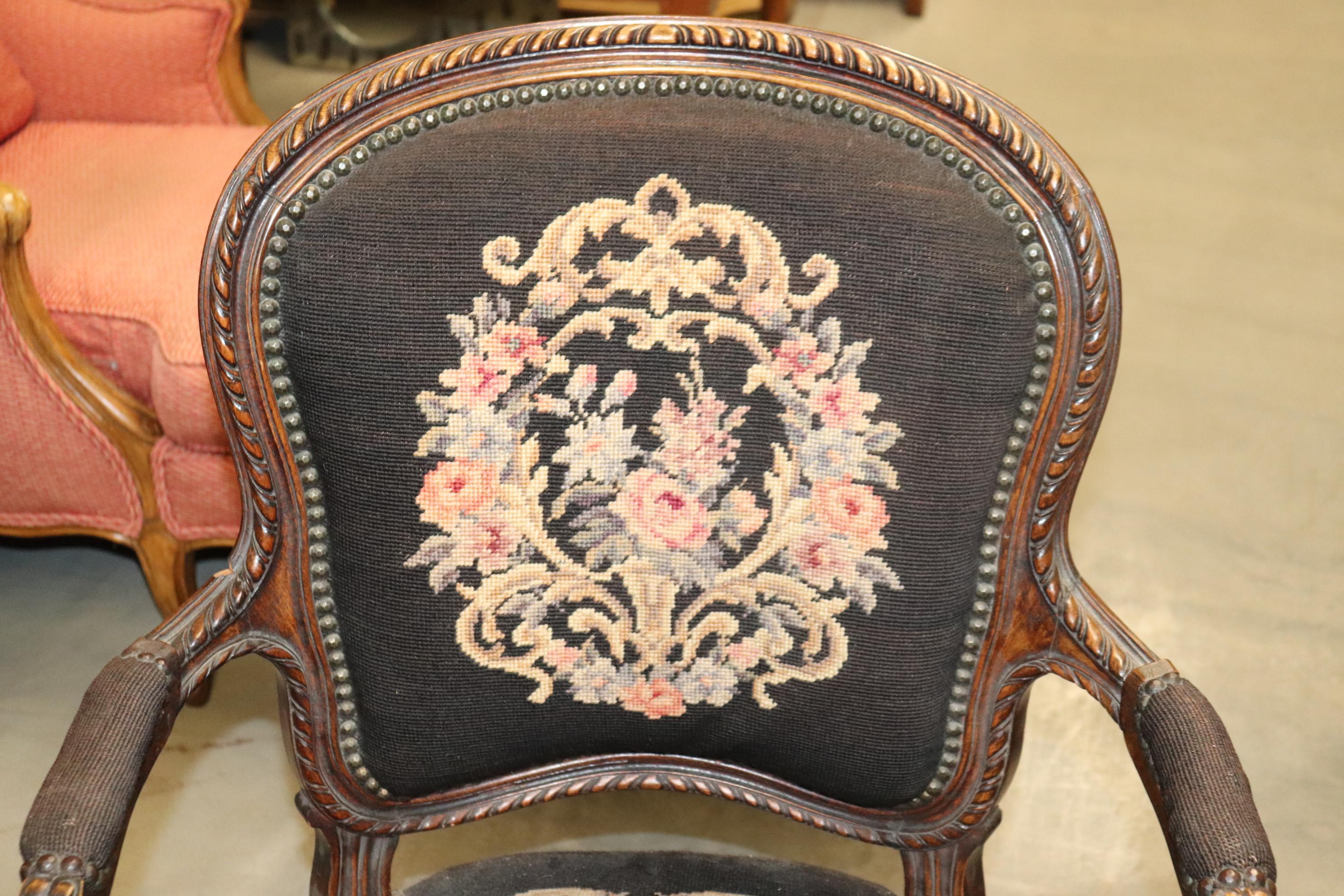 French Louis XV Brown Needlepoint Armchair Circa 1940 For Sale 2