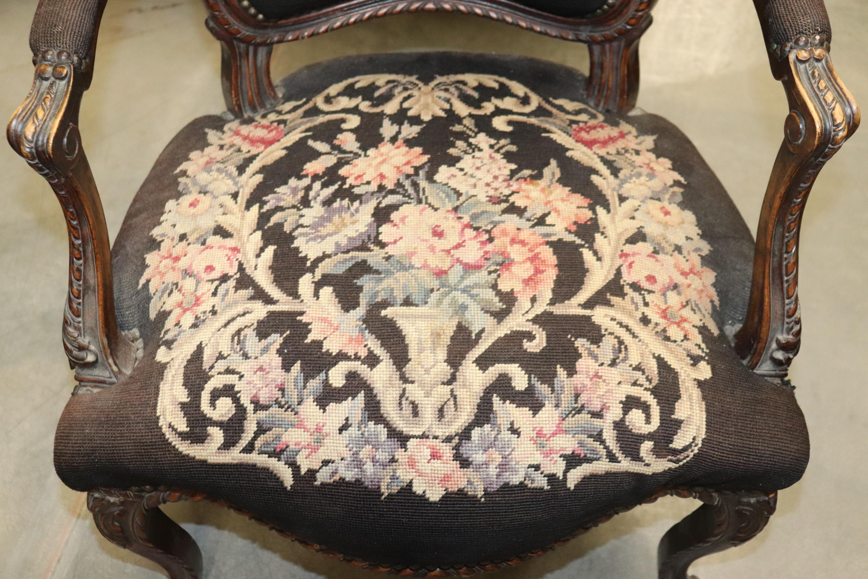 French Louis XV Brown Needlepoint Armchair Circa 1940 For Sale 3