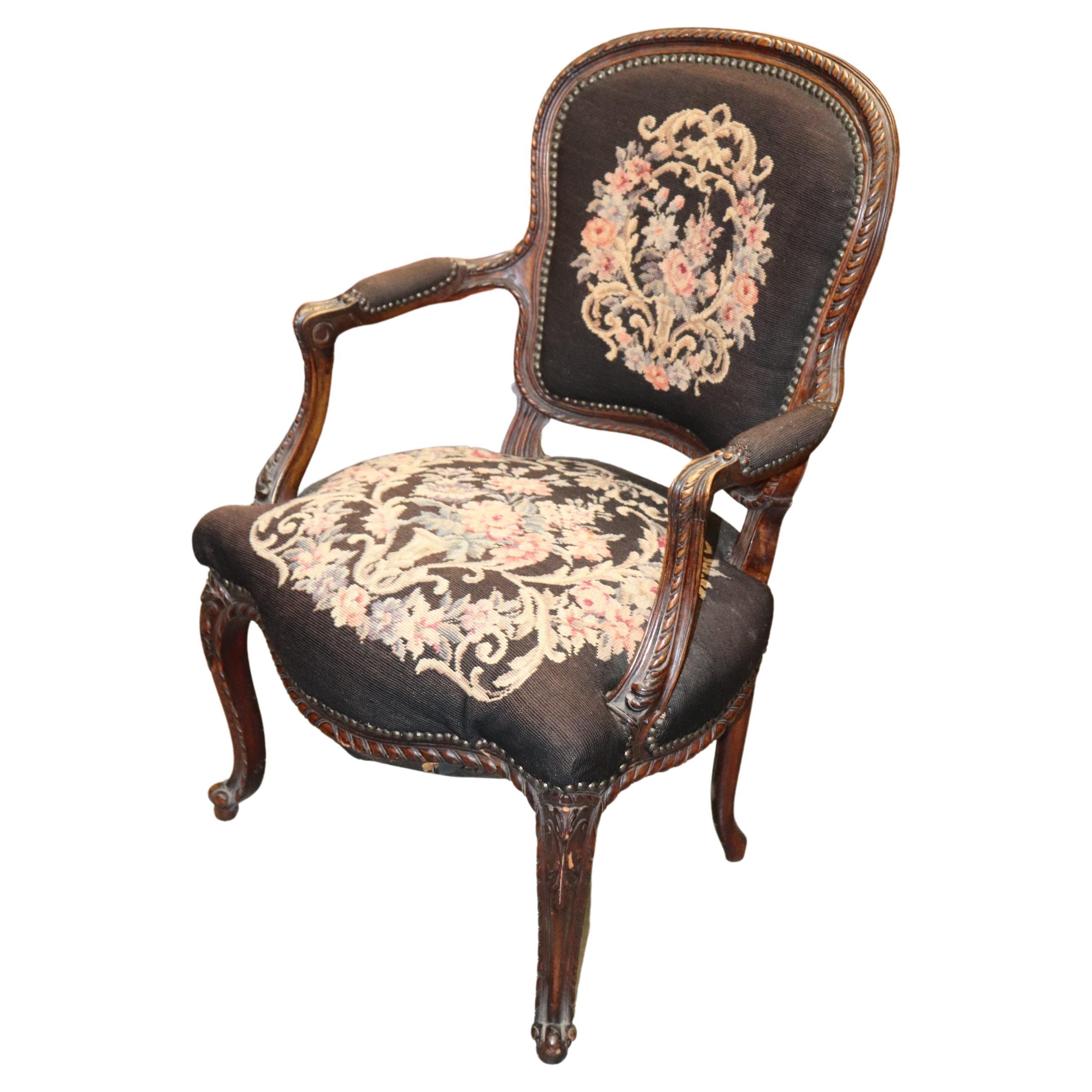 French Louis XV Brown Needlepoint Armchair Circa 1940 For Sale
