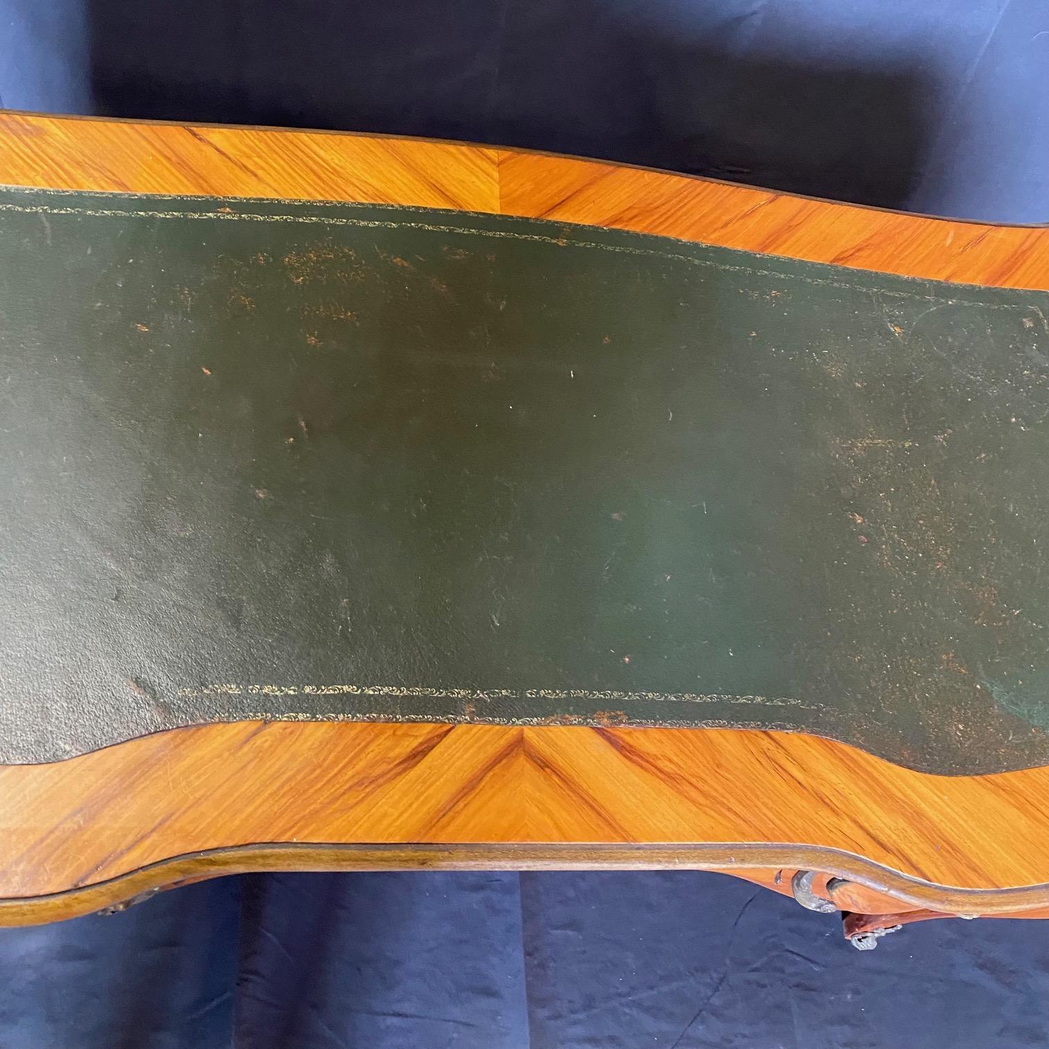 Brass French Louis XV Bureau Plat Desk or Writing Table with Embossed Leather  For Sale