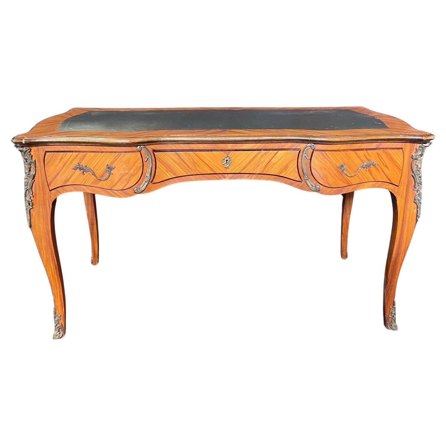 French Louis XV Bureau Plat Desk or Writing Table with Embossed Leather 