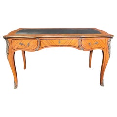 Antique French Louis XV Bureau Plat Desk or Writing Table with Embossed Leather 